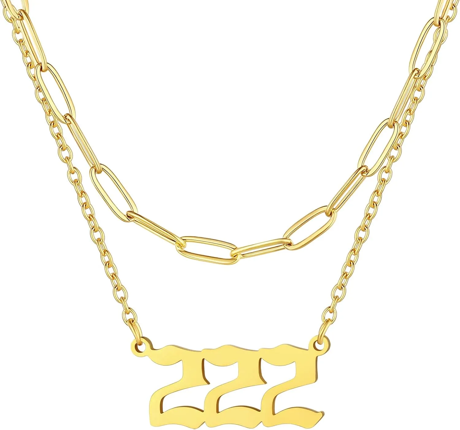 FindChic Angel Number Paperclip Chain Layered Necklaces for Women Stainless Steel/Gold Plated/Black 222 444 888 999 Lucky Number/Custom Name Choker Necklaces, with Gift Box