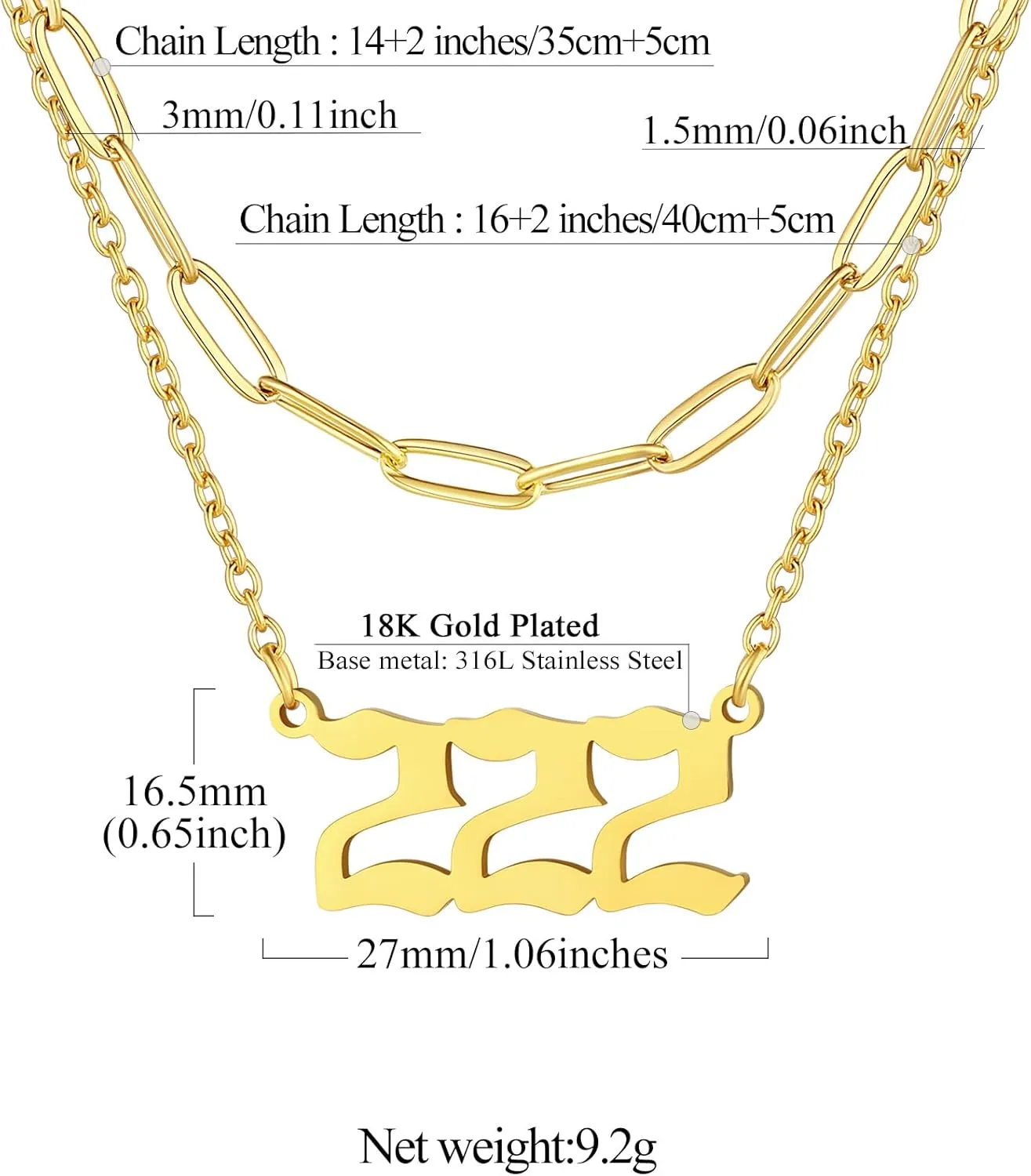 FindChic Angel Number Paperclip Chain Layered Necklaces for Women Stainless Steel/Gold Plated/Black 222 444 888 999 Lucky Number/Custom Name Choker Necklaces, with Gift Box