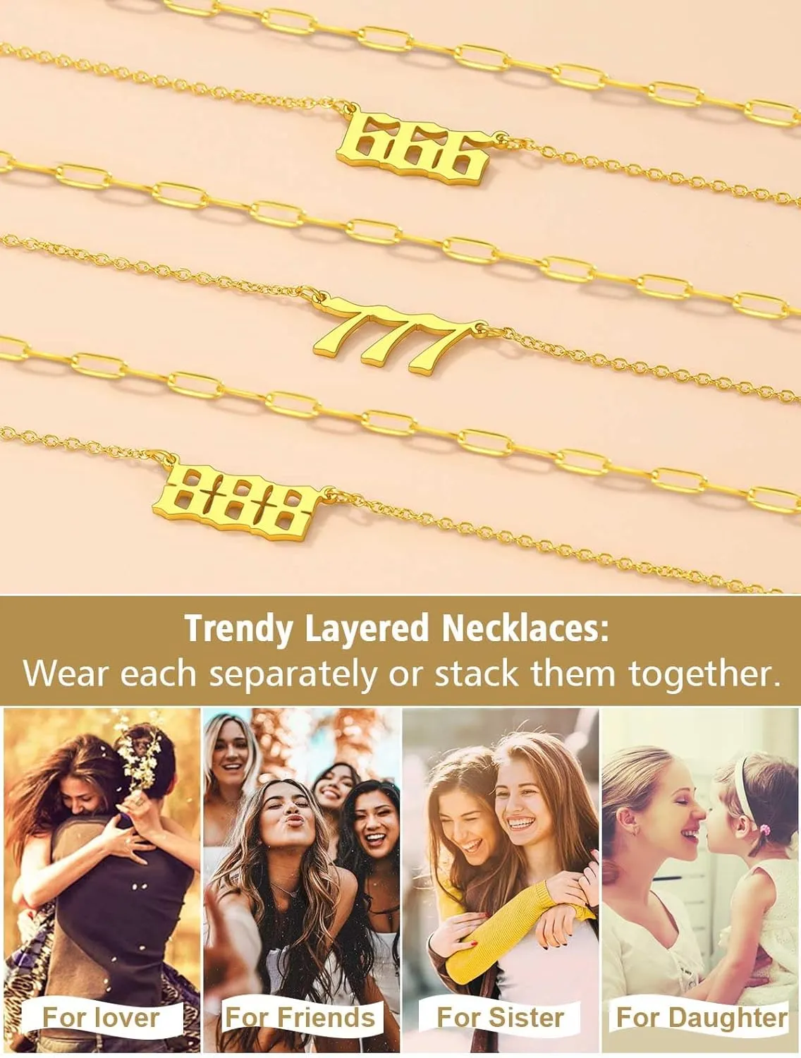 FindChic Angel Number Paperclip Chain Layered Necklaces for Women Stainless Steel/Gold Plated/Black 222 444 888 999 Lucky Number/Custom Name Choker Necklaces, with Gift Box