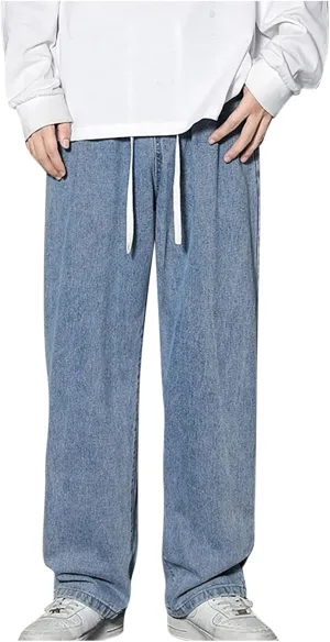 Finelylove Baggy Jeans Men Casual Loose Wide Leg Jeans Drawstring Elastic Waist Cotton Denim Pants 2024 Fashion