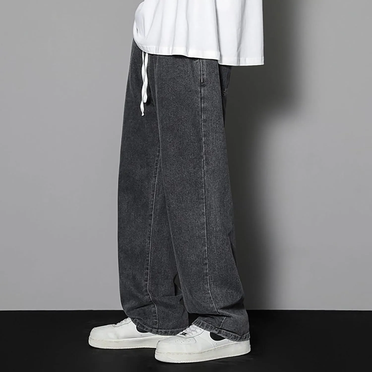 Finelylove Baggy Jeans Men Casual Loose Wide Leg Jeans Drawstring Elastic Waist Cotton Denim Pants 2024 Fashion
