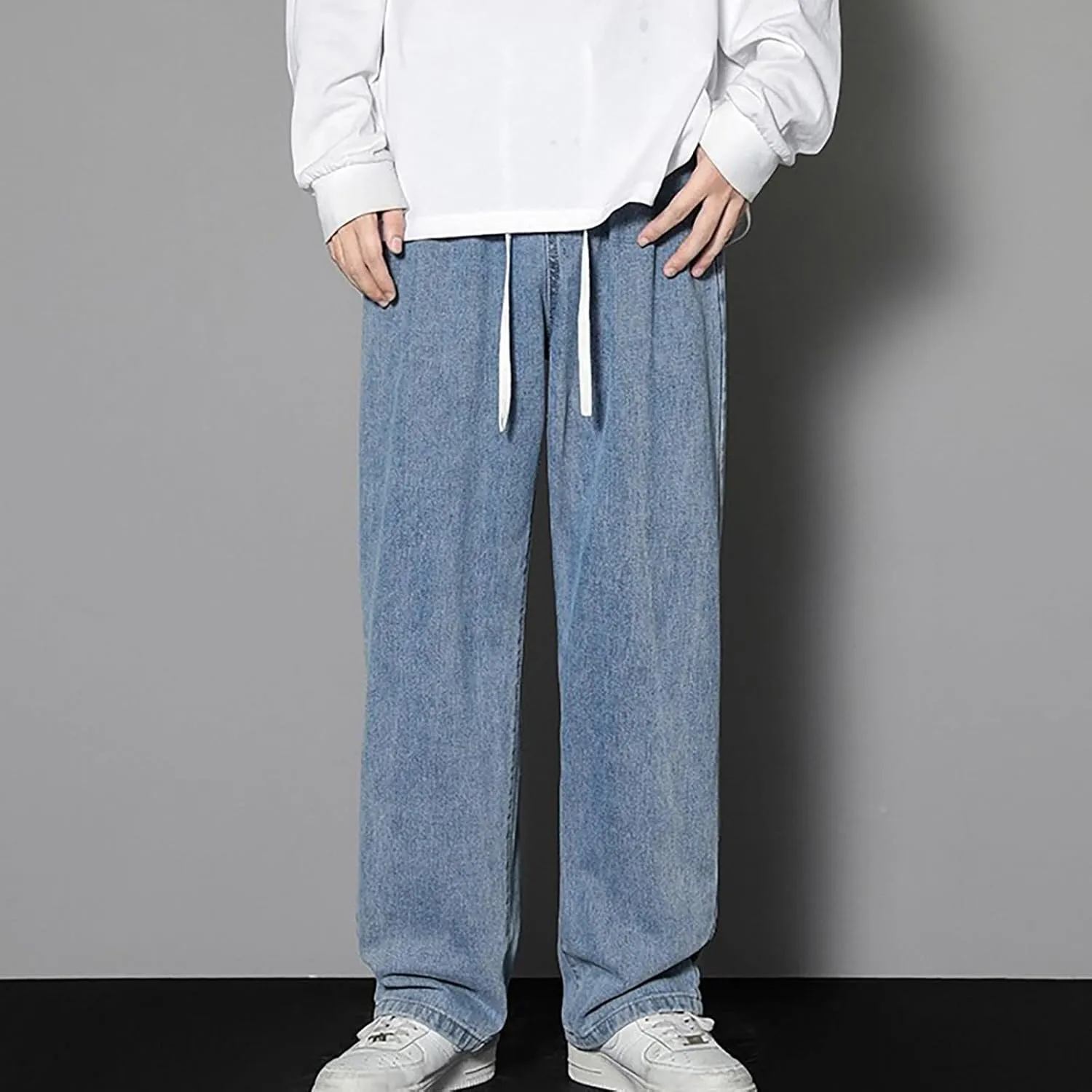 Finelylove Baggy Jeans Men Casual Loose Wide Leg Jeans Drawstring Elastic Waist Cotton Denim Pants 2024 Fashion