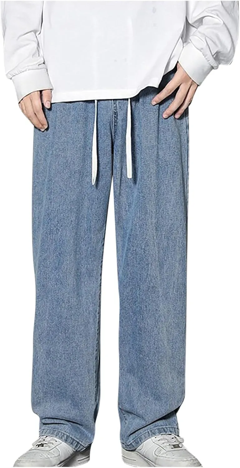 Finelylove Baggy Jeans Men Casual Loose Wide Leg Jeans Drawstring Elastic Waist Cotton Denim Pants 2024 Fashion