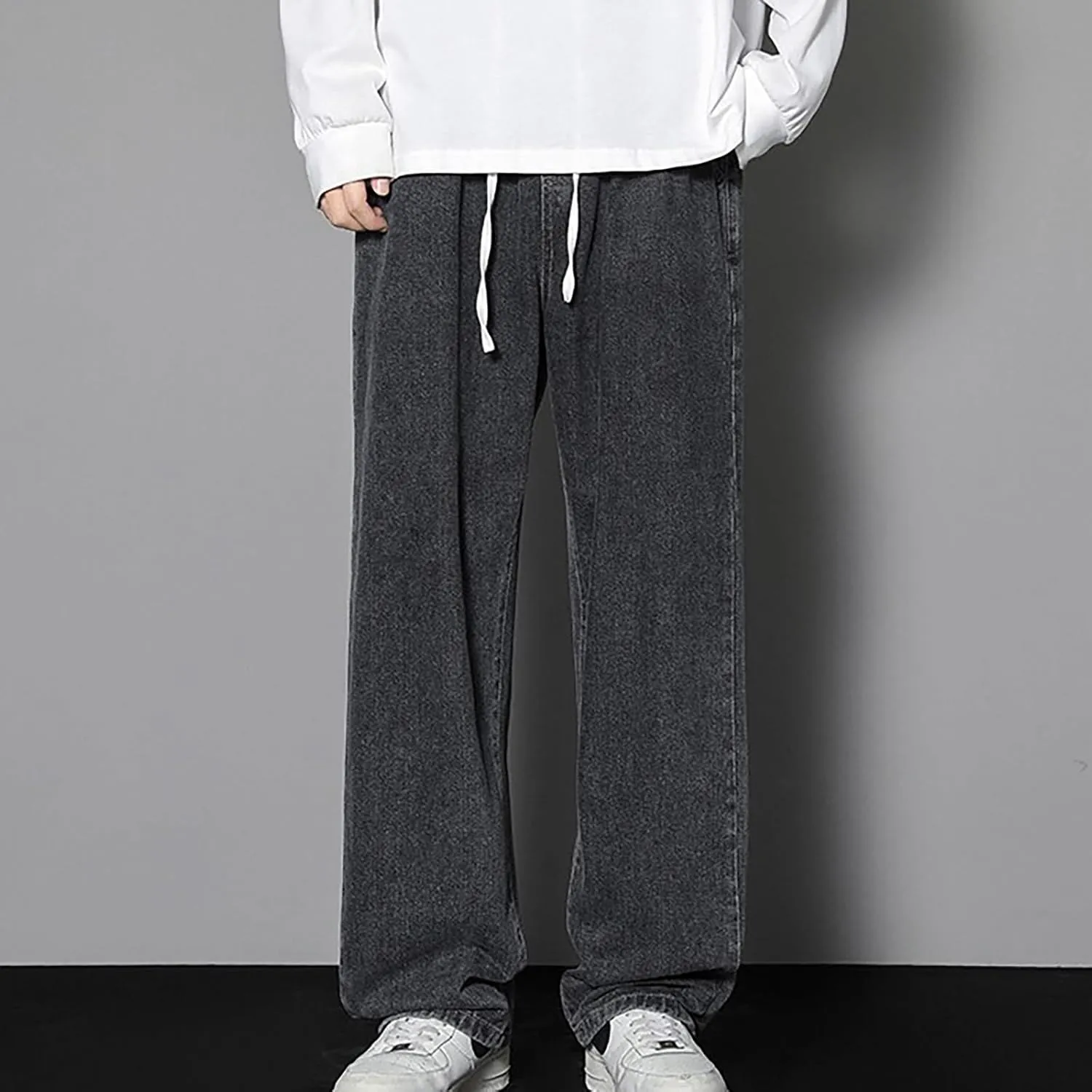 Finelylove Baggy Jeans Men Casual Loose Wide Leg Jeans Drawstring Elastic Waist Cotton Denim Pants 2024 Fashion