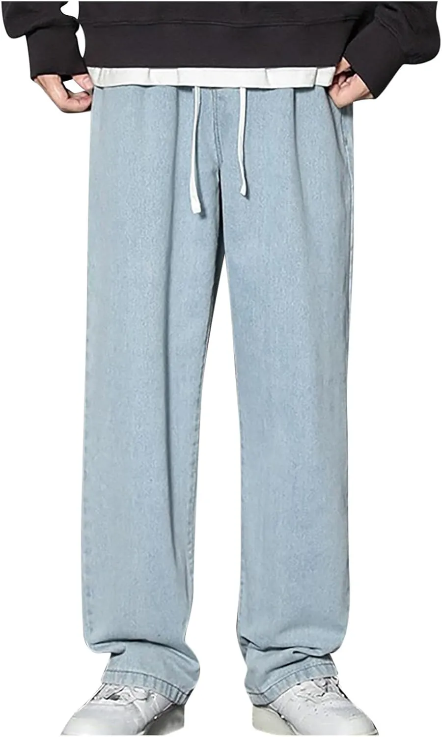 Finelylove Baggy Jeans Men Casual Loose Wide Leg Jeans Drawstring Elastic Waist Cotton Denim Pants 2024 Fashion