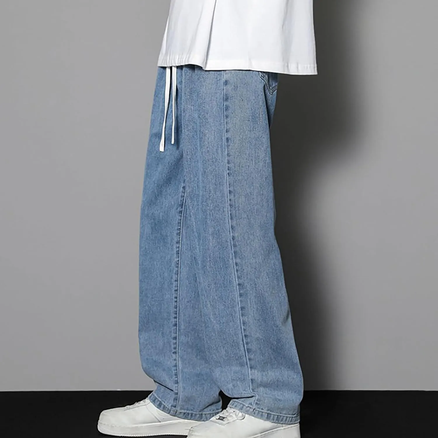 Finelylove Baggy Jeans Men Casual Loose Wide Leg Jeans Drawstring Elastic Waist Cotton Denim Pants 2024 Fashion