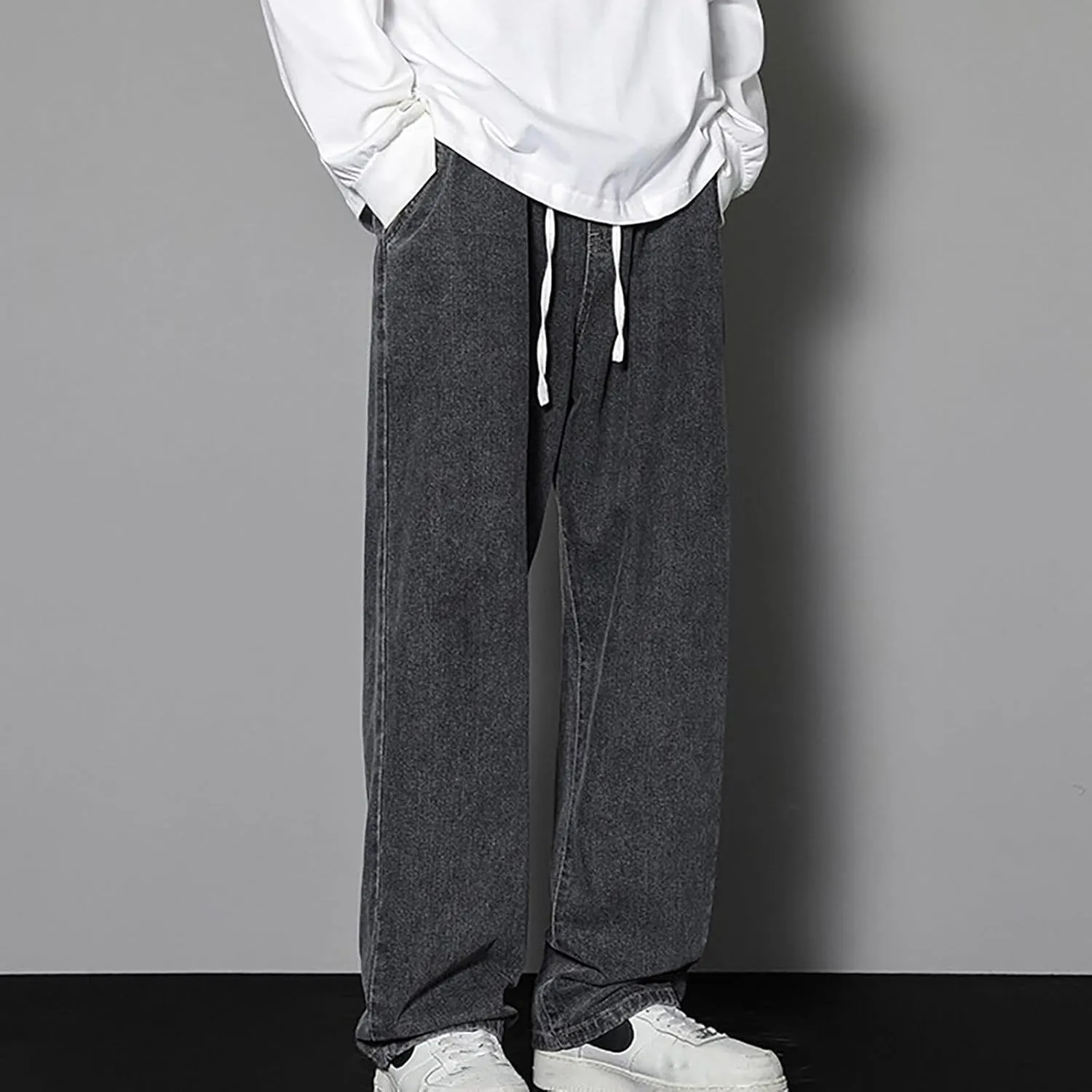 Finelylove Baggy Jeans Men Casual Loose Wide Leg Jeans Drawstring Elastic Waist Cotton Denim Pants 2024 Fashion