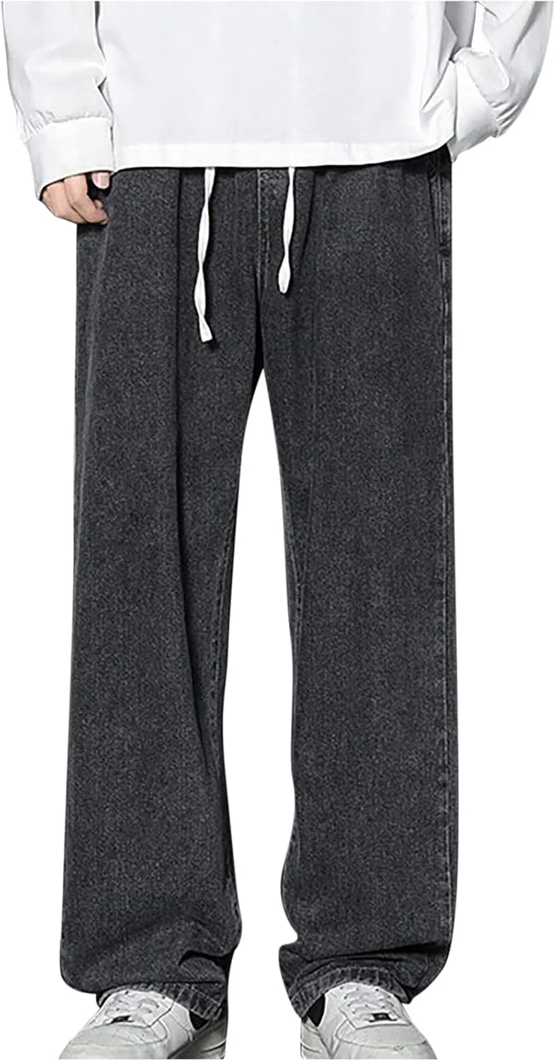 Finelylove Baggy Jeans Men Casual Loose Wide Leg Jeans Drawstring Elastic Waist Cotton Denim Pants 2024 Fashion