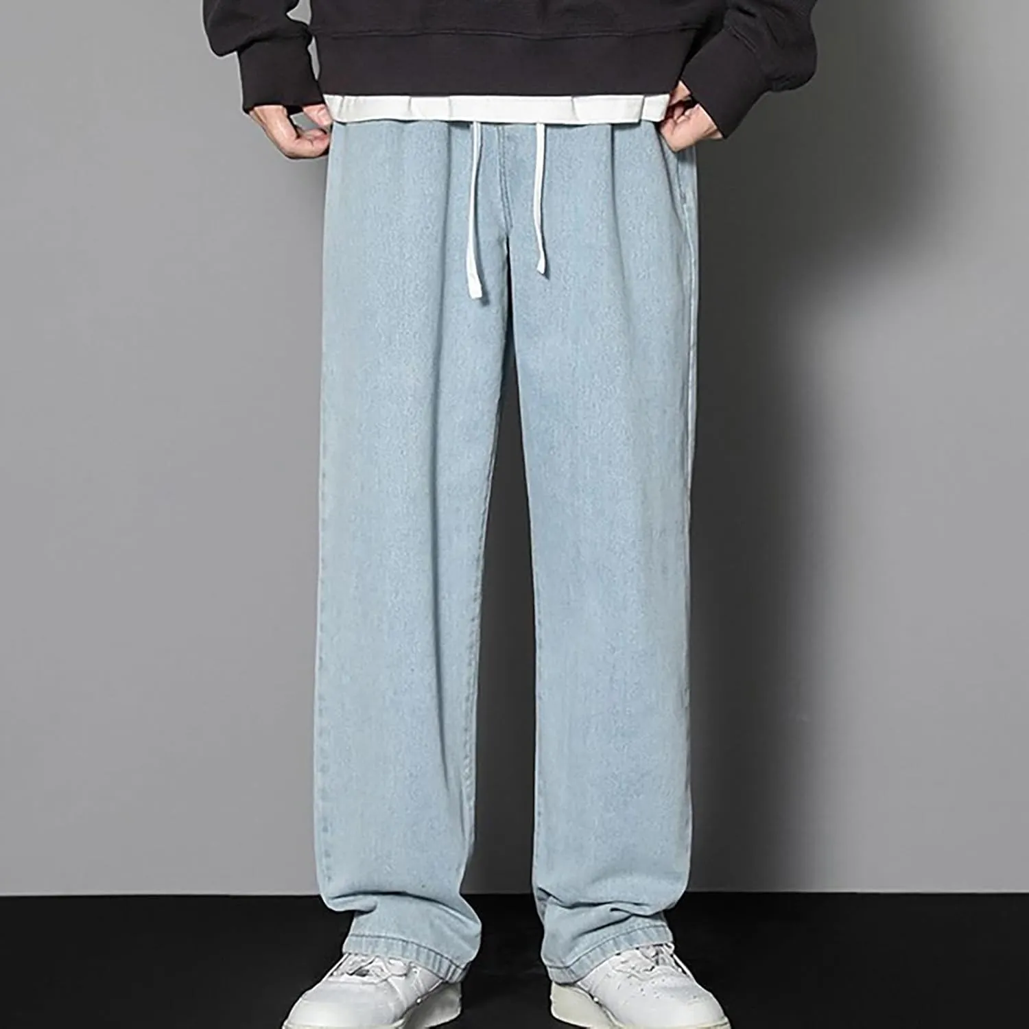 Finelylove Baggy Jeans Men Casual Loose Wide Leg Jeans Drawstring Elastic Waist Cotton Denim Pants 2024 Fashion