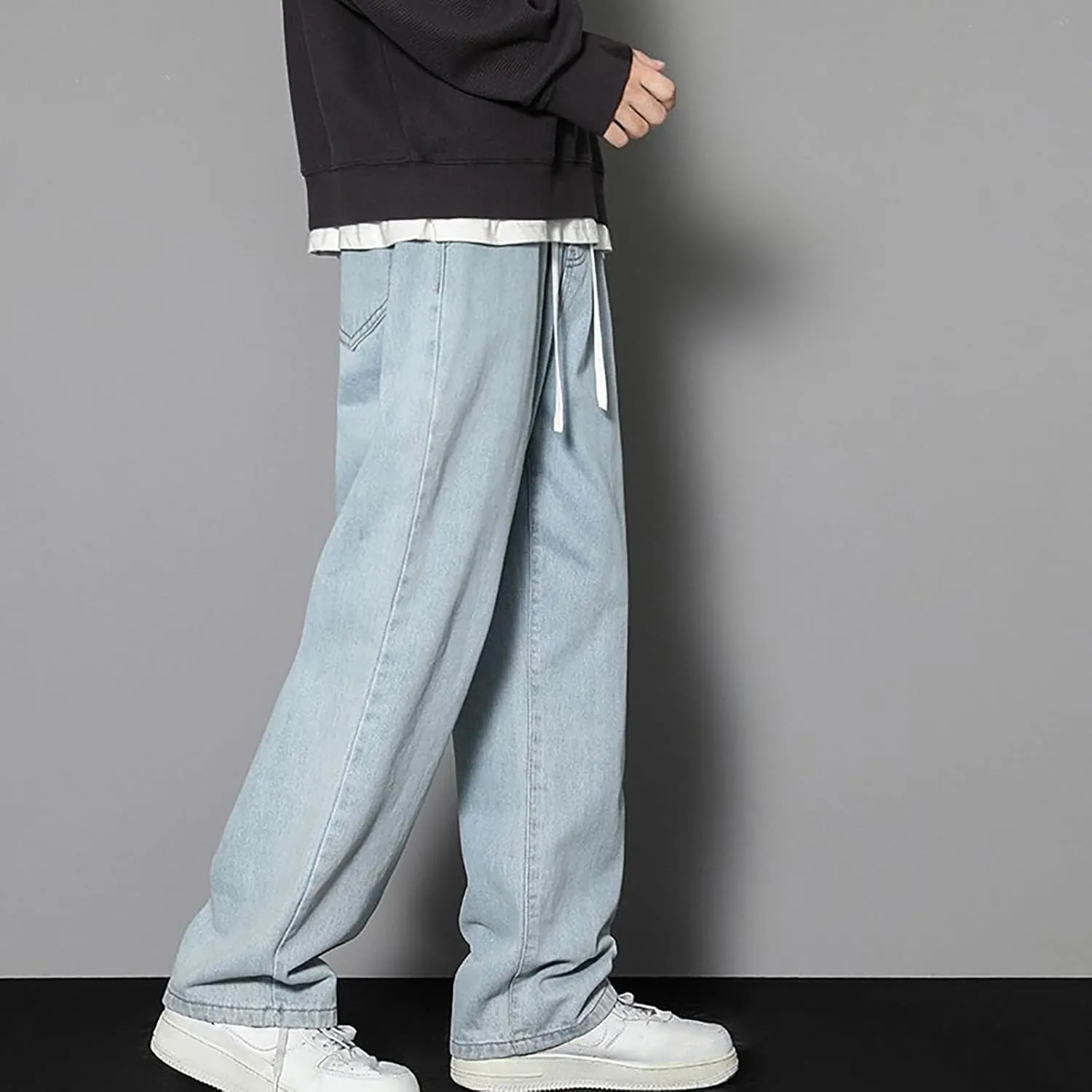 Finelylove Baggy Jeans Men Casual Loose Wide Leg Jeans Drawstring Elastic Waist Cotton Denim Pants 2024 Fashion
