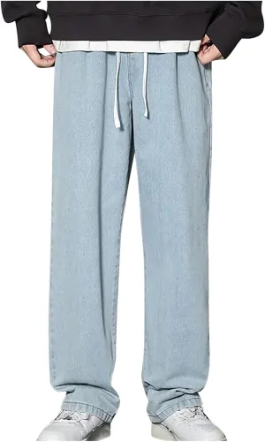 Finelylove Baggy Jeans Men Casual Loose Wide Leg Jeans Drawstring Elastic Waist Cotton Denim Pants 2024 Fashion
