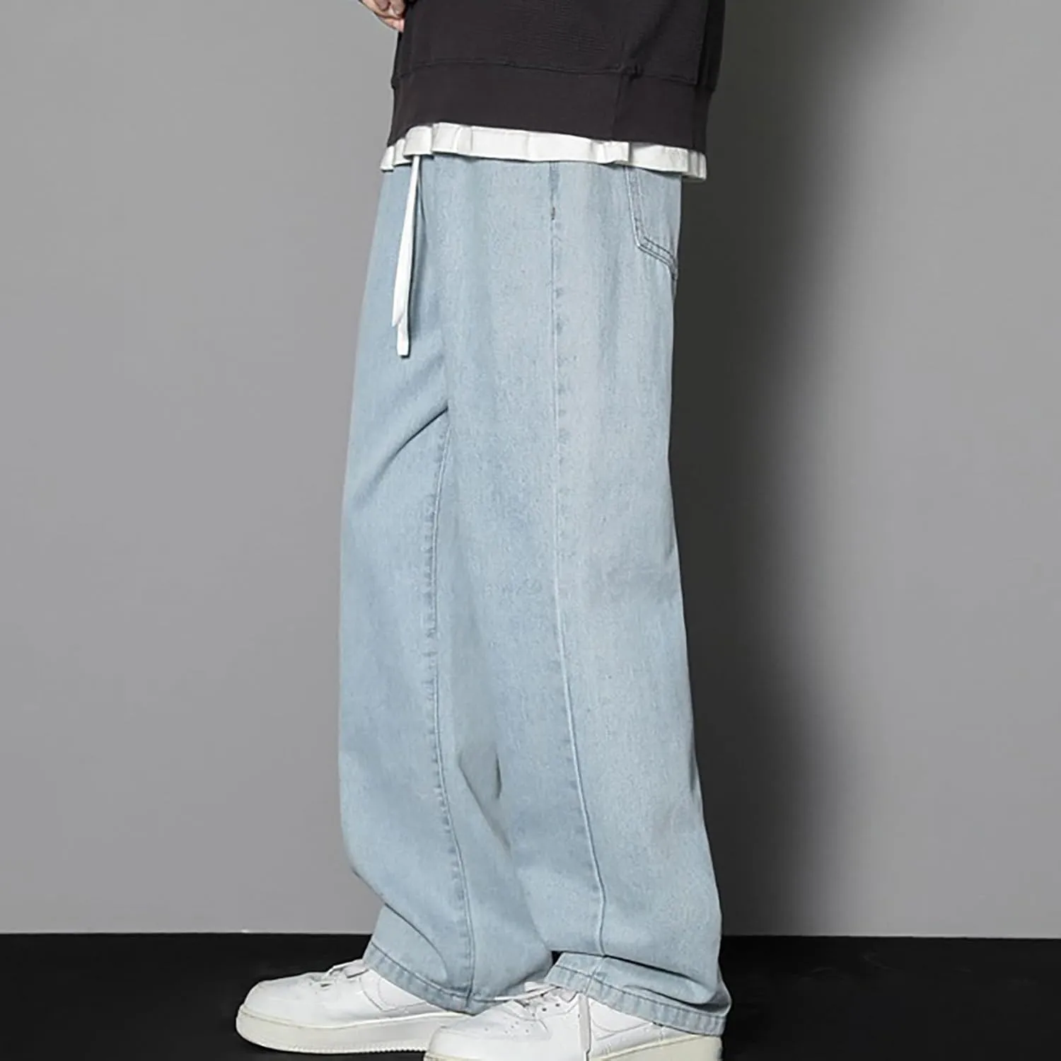 Finelylove Baggy Jeans Men Casual Loose Wide Leg Jeans Drawstring Elastic Waist Cotton Denim Pants 2024 Fashion