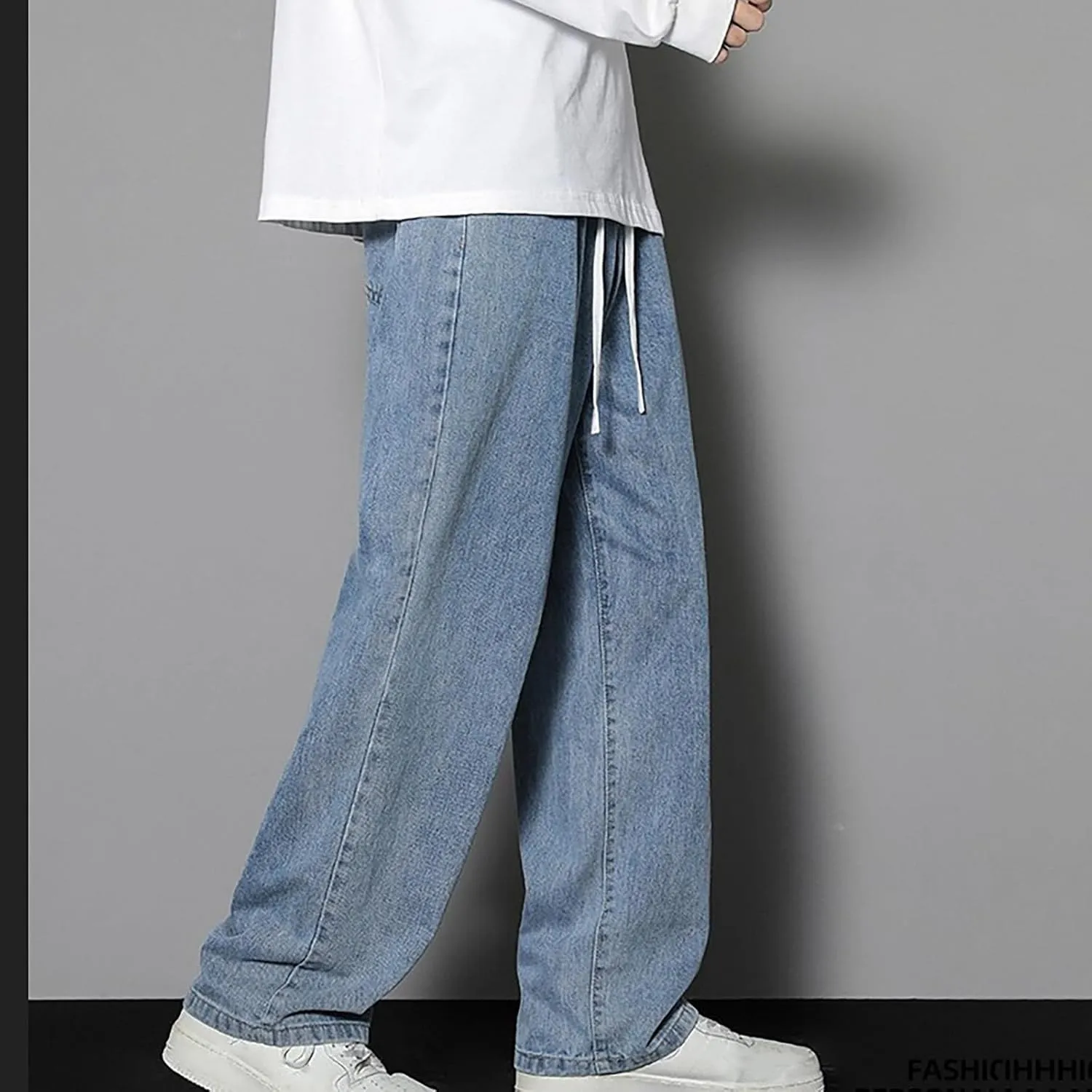 Finelylove Baggy Jeans Men Casual Loose Wide Leg Jeans Drawstring Elastic Waist Cotton Denim Pants 2024 Fashion