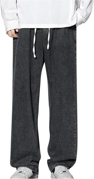 Finelylove Baggy Jeans Men Casual Loose Wide Leg Jeans Drawstring Elastic Waist Cotton Denim Pants 2024 Fashion