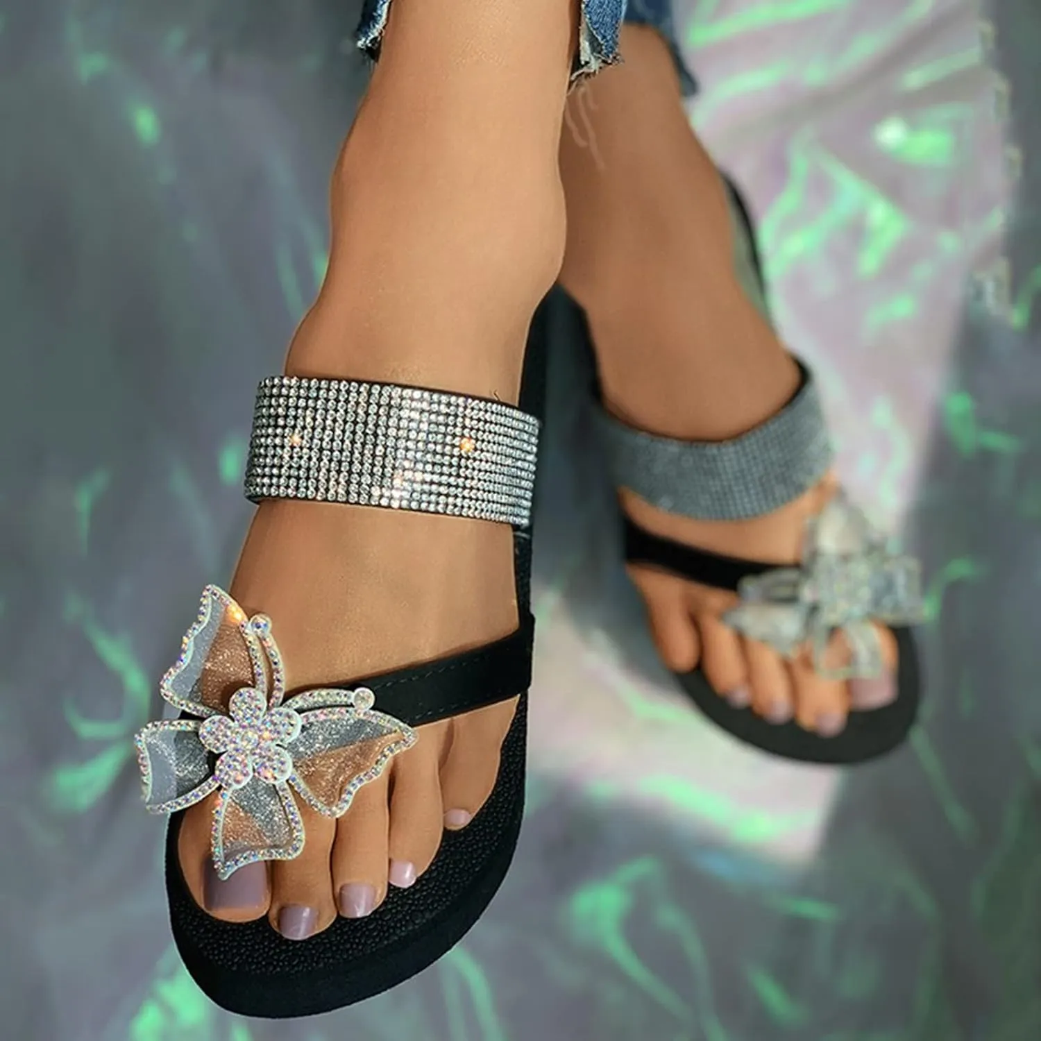 Flip Flops for Women Rhinestone Bling Wedge Sandals Summer Beach Slippers Dressy Wedding Shoes Outdoor Bohemia Slippers
