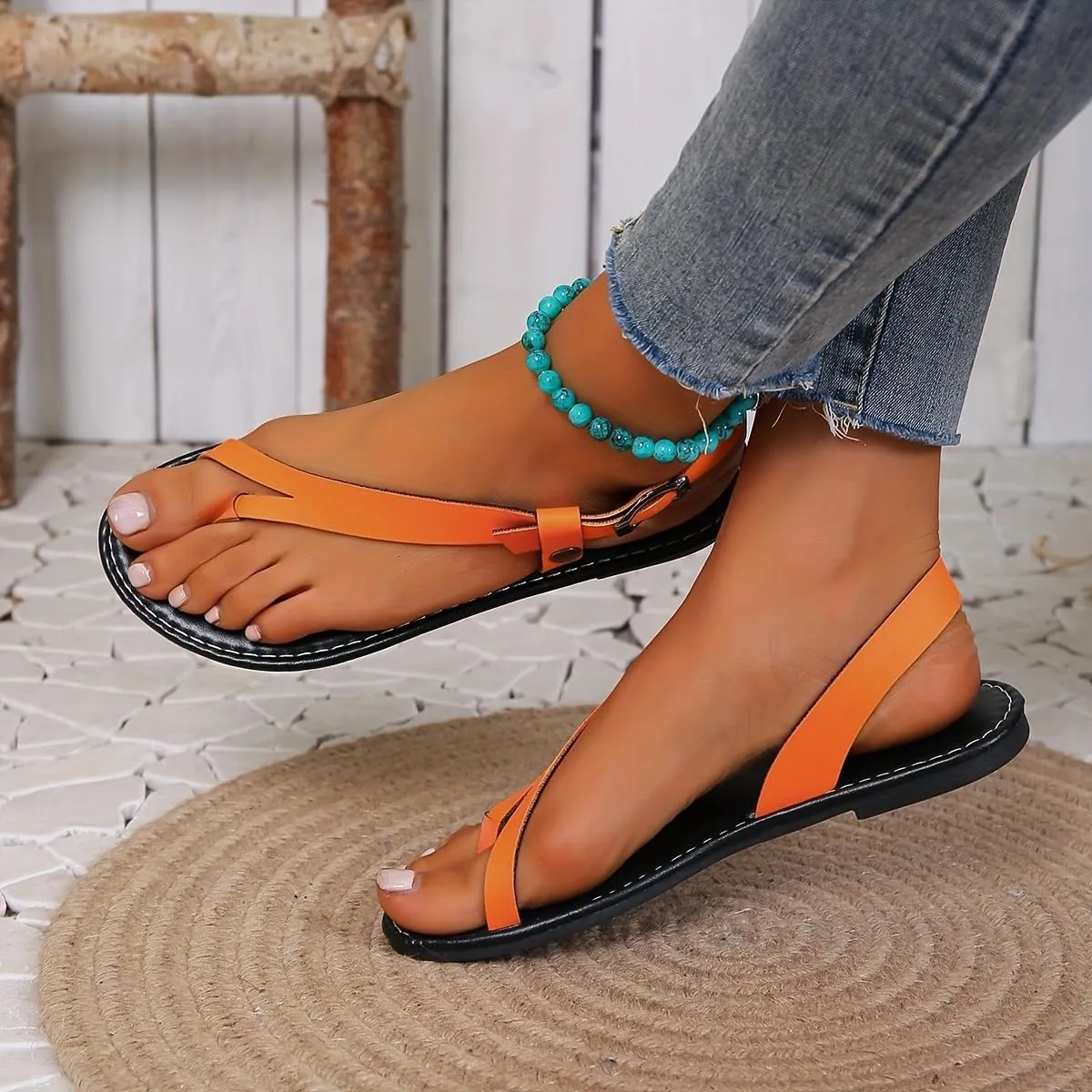 Flip Flops for Women Summer Strappy Flat Sandals Womens Slip On Open Toe Ankle Strap Beach Walking Shoe