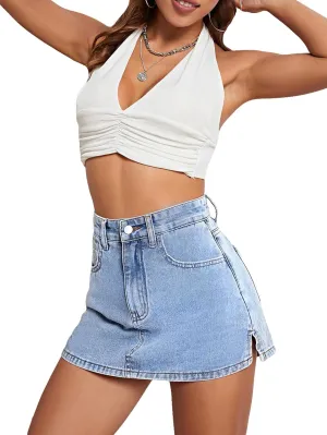 Floerns Women's High Waist Zipper Button Denim Shorts Jean Skort with Pockets
