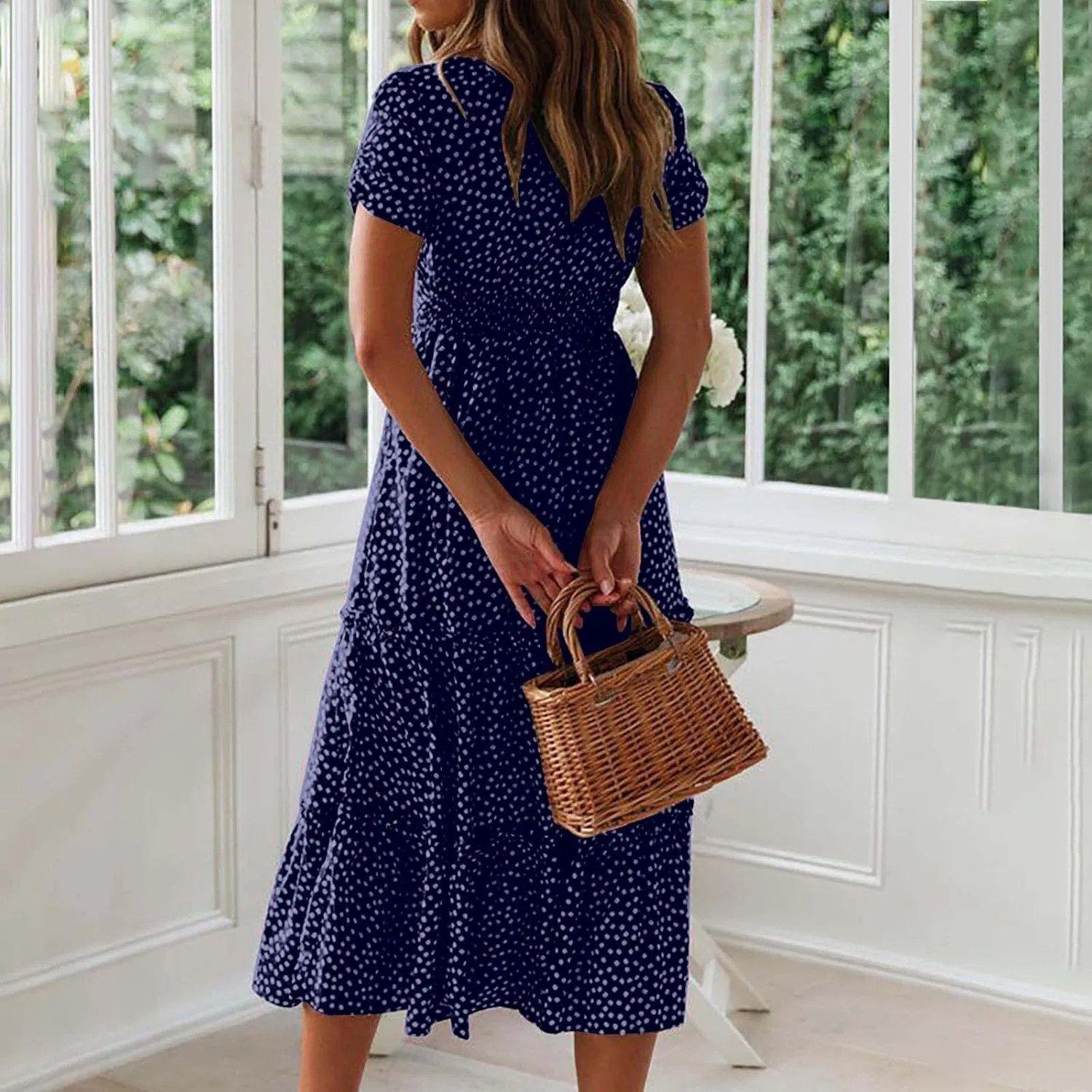 Floral Dress for Women Sundress Casual Square Neck Dresses Boho Beach Vacation Dress High Waisted Summer Midi Dress