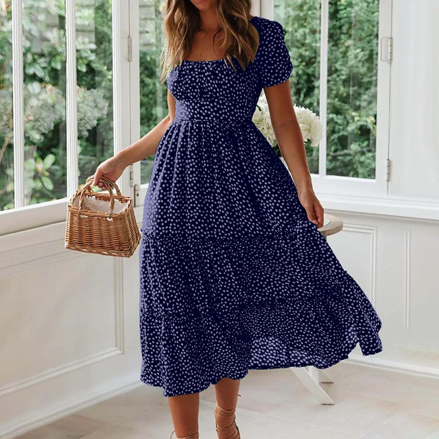 Floral Dress for Women Sundress Casual Square Neck Dresses Boho Beach Vacation Dress High Waisted Summer Midi Dress