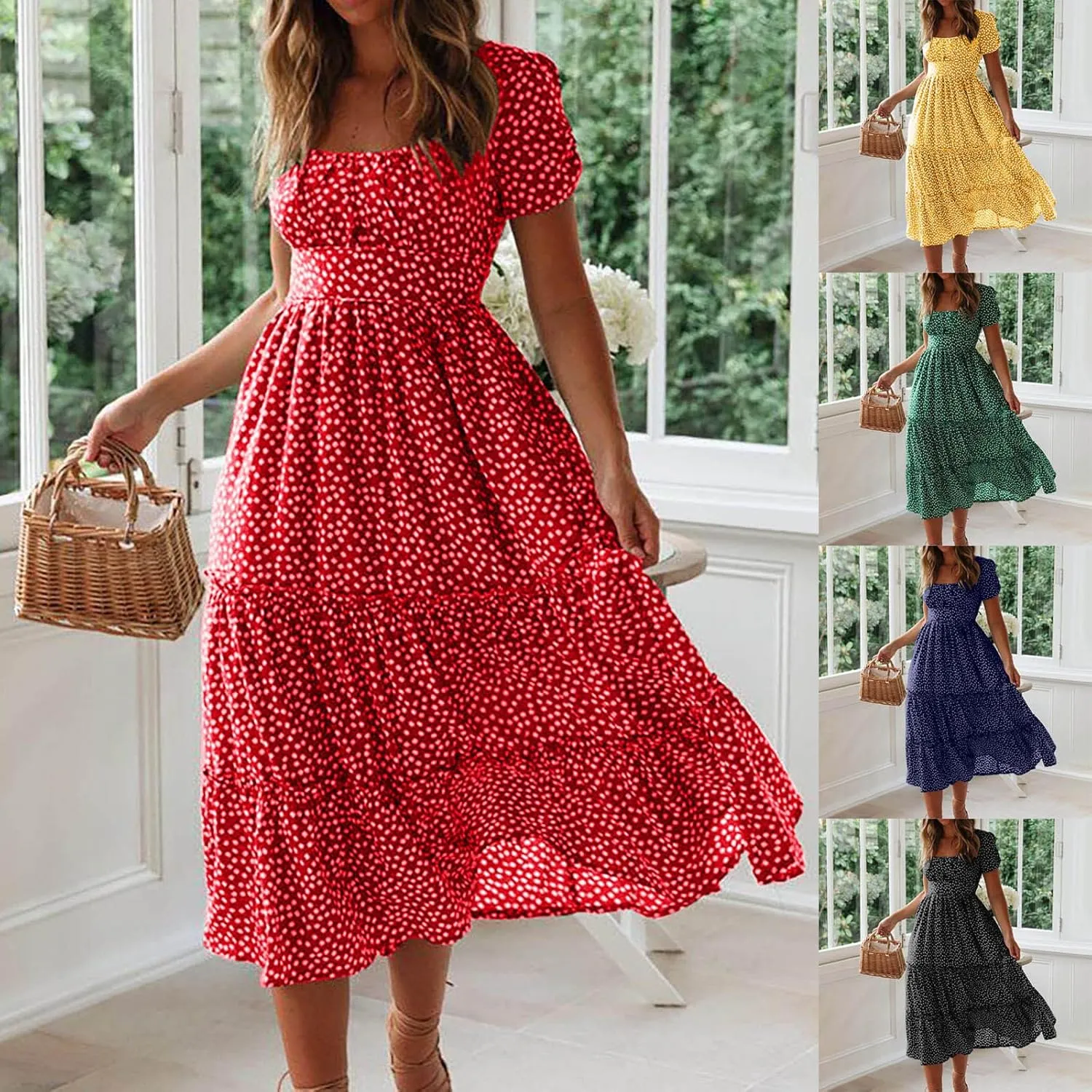 Floral Dress for Women Sundress Casual Square Neck Dresses Boho Beach Vacation Dress High Waisted Summer Midi Dress