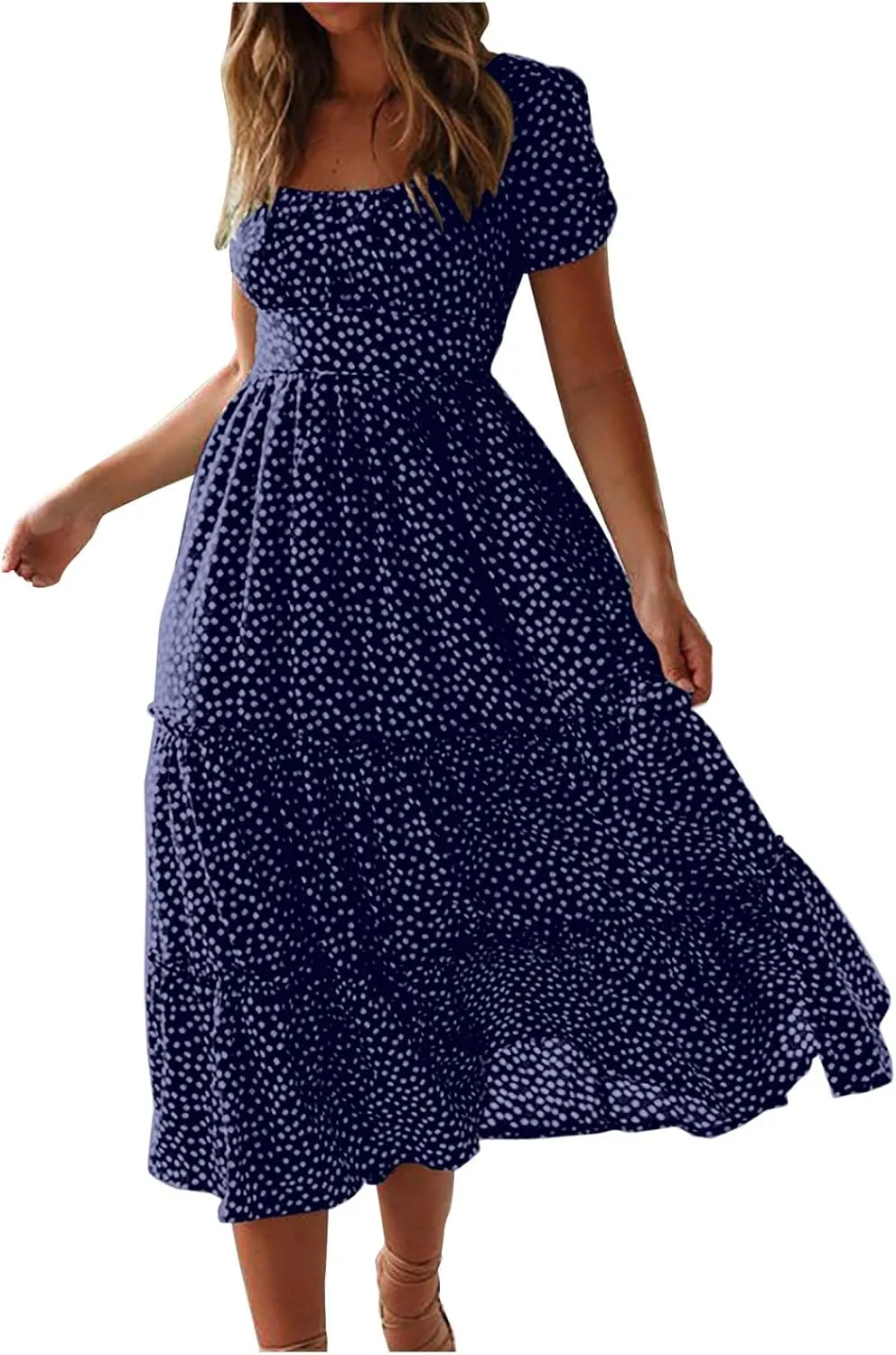 Floral Dress for Women Sundress Casual Square Neck Dresses Boho Beach Vacation Dress High Waisted Summer Midi Dress