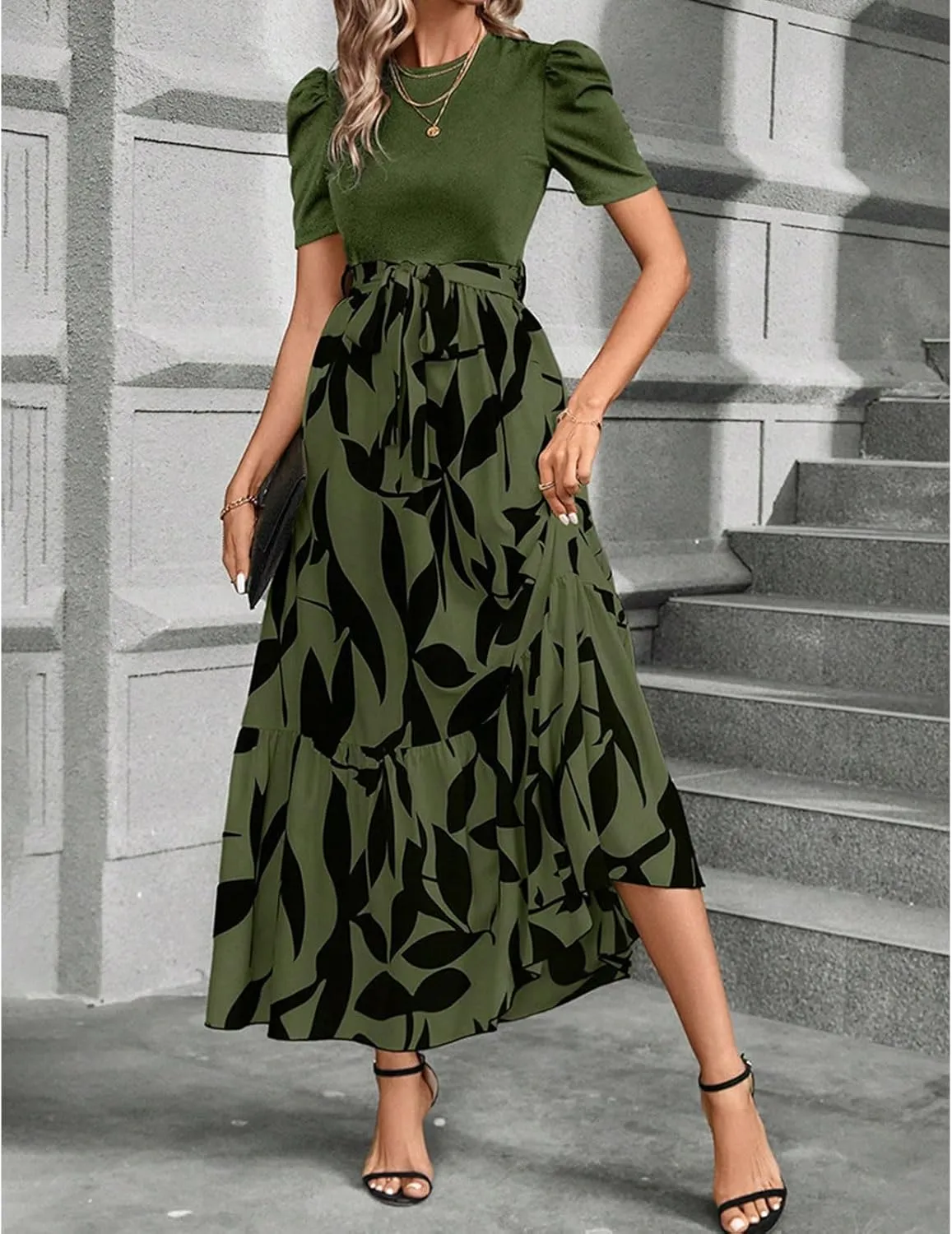 Floral Maxi Dresses for Women Puff Sleeve Tiered Sundress Elegant Tie Waist Work Dress Summer Casual Vacation Dress