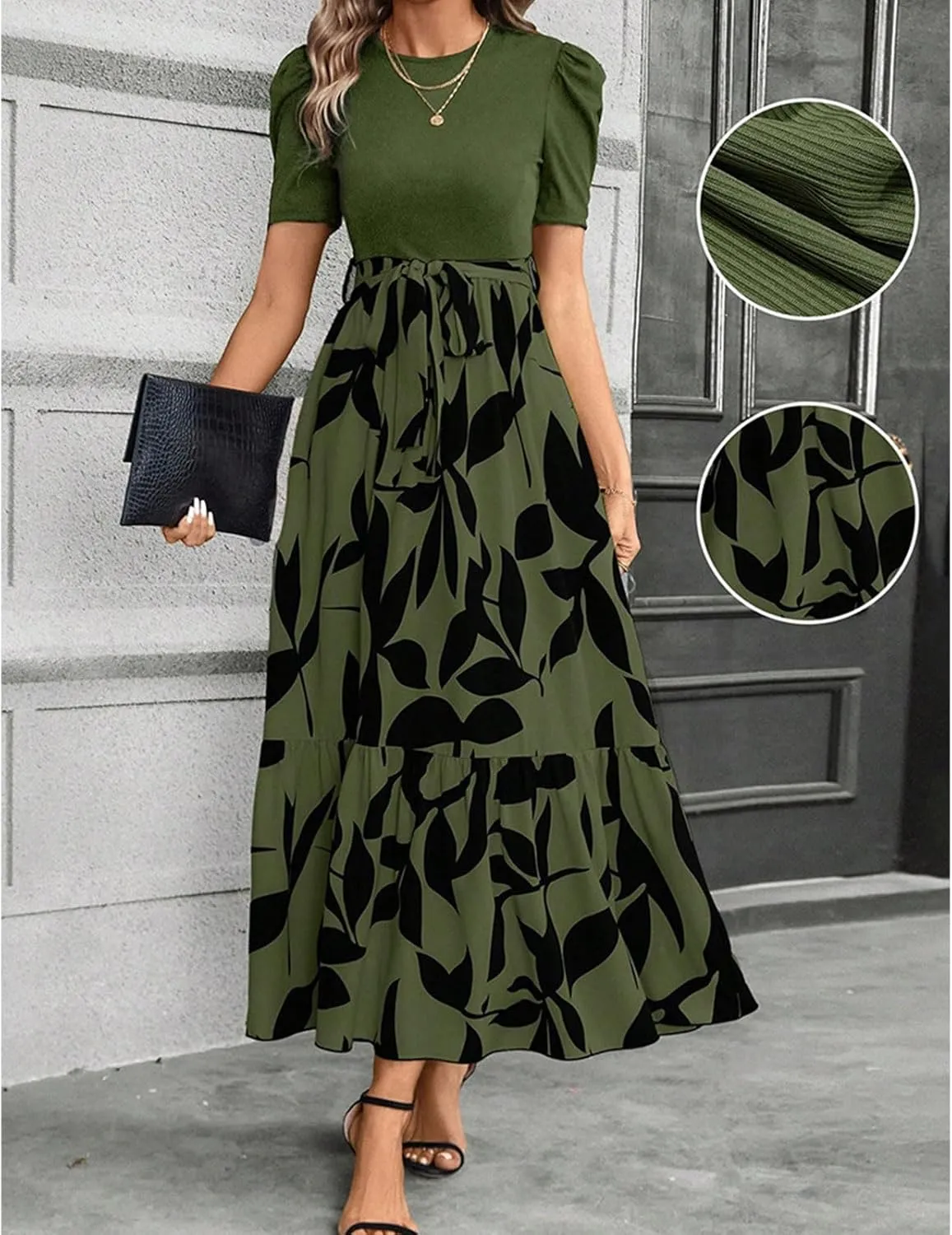 Floral Maxi Dresses for Women Puff Sleeve Tiered Sundress Elegant Tie Waist Work Dress Summer Casual Vacation Dress