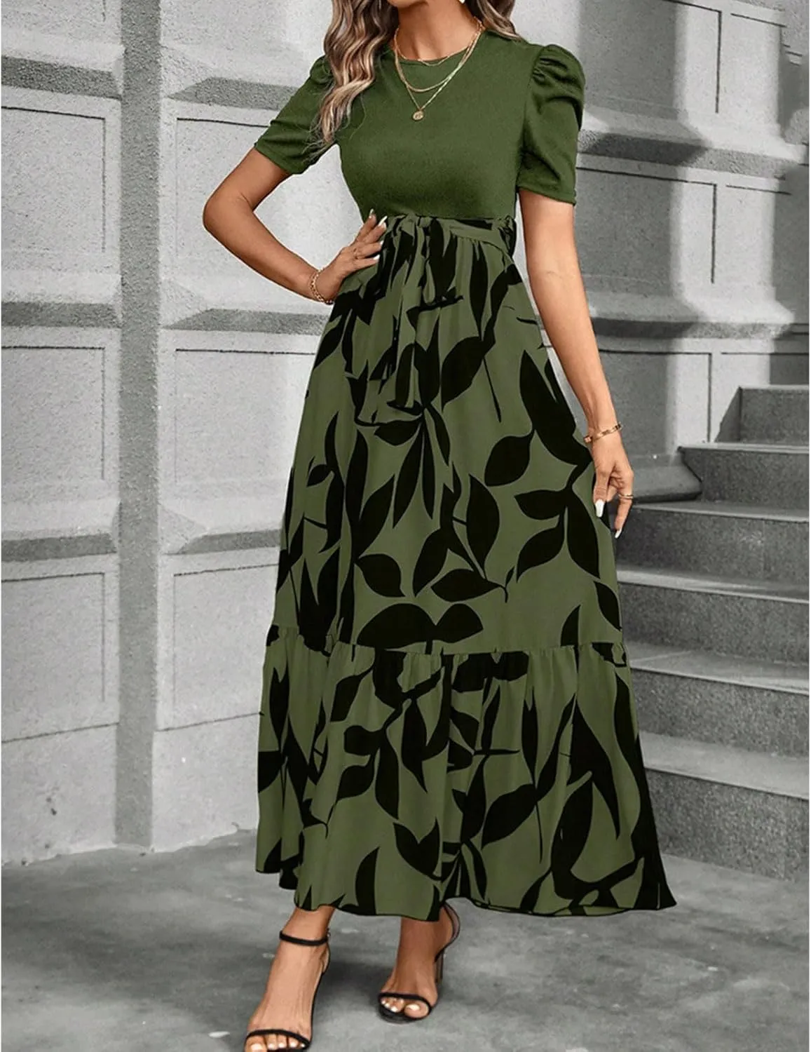 Floral Maxi Dresses for Women Puff Sleeve Tiered Sundress Elegant Tie Waist Work Dress Summer Casual Vacation Dress