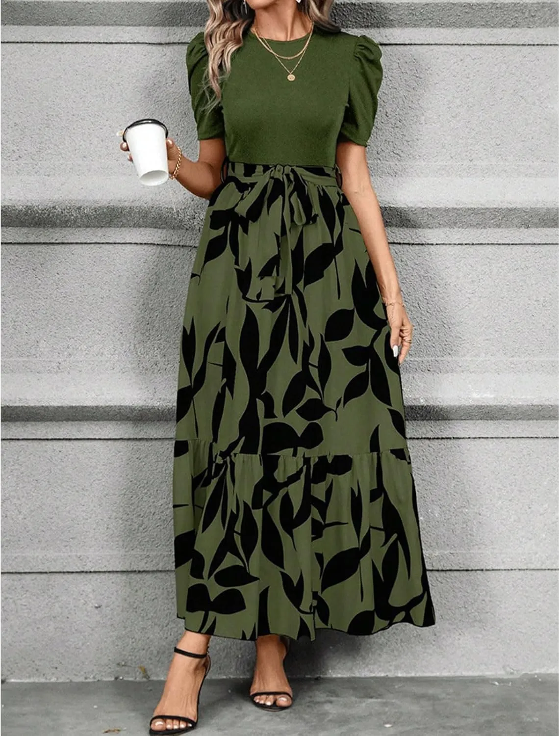 Floral Maxi Dresses for Women Puff Sleeve Tiered Sundress Elegant Tie Waist Work Dress Summer Casual Vacation Dress