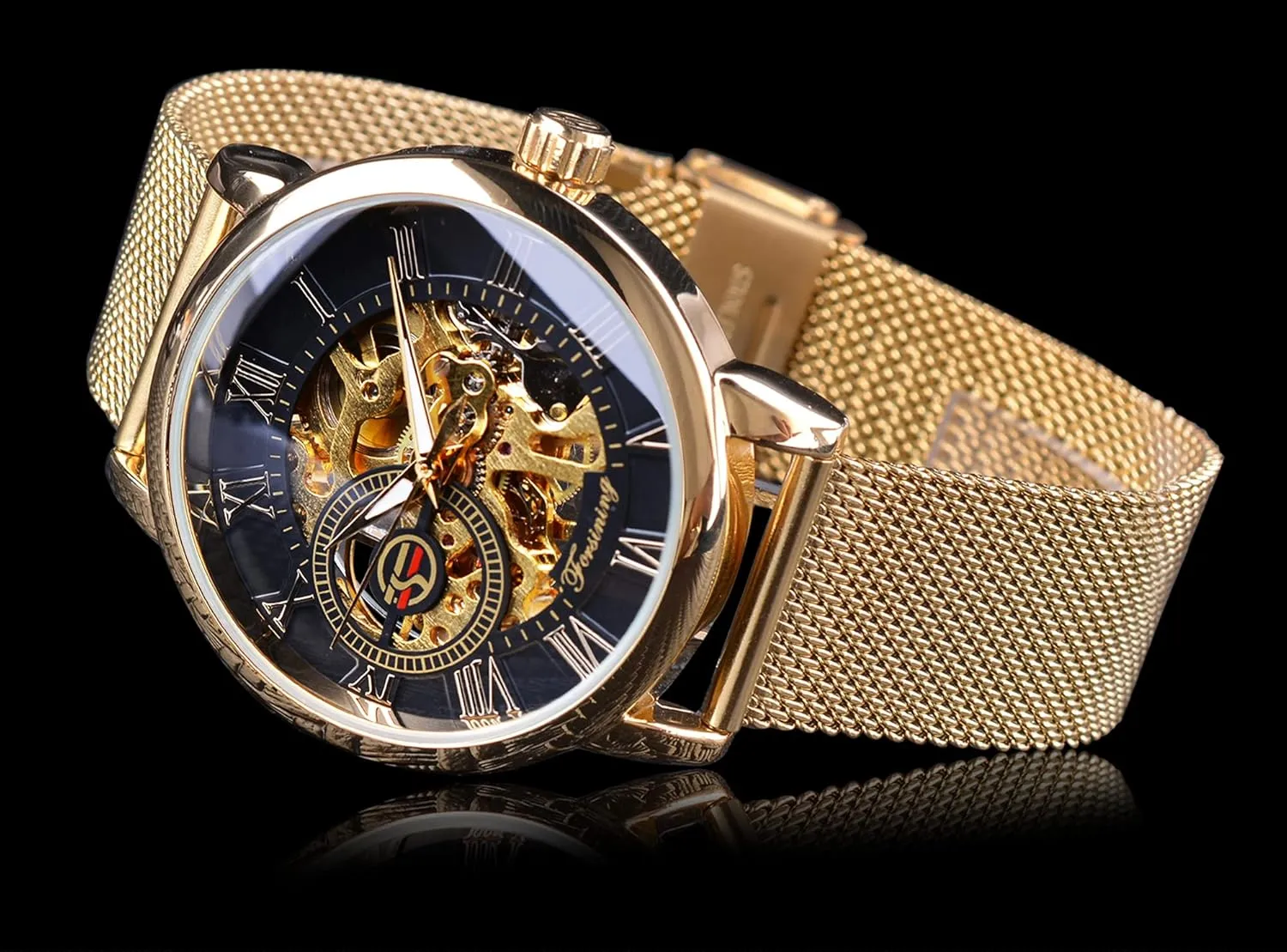 FORSINING Men's Skeleton Watch Steampunk Watch Black Mechanical Watch for Men Minimalist Retro Design Mechanical Skeleton Wrist Watch Transparent