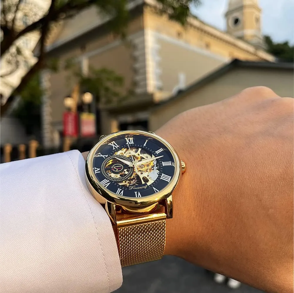 FORSINING Men's Skeleton Watch Steampunk Watch Black Mechanical Watch for Men Minimalist Retro Design Mechanical Skeleton Wrist Watch Transparent