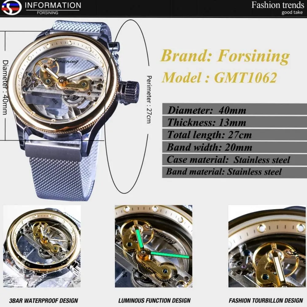 FORSINING Transparent Case Steel Mesh Band Skeleton Mens Watches Brand Luxury Automatic Fashion Mechanical Wristwatch