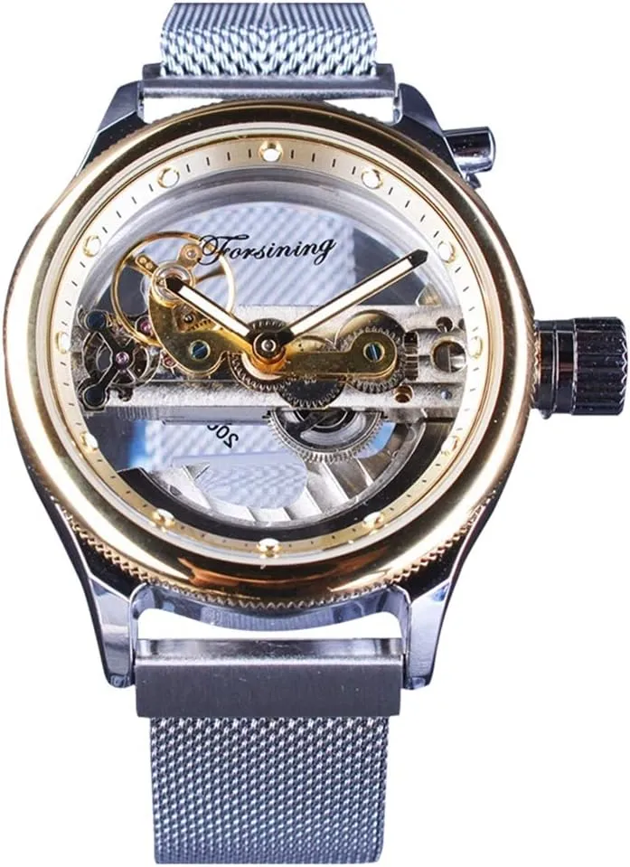 FORSINING Transparent Case Steel Mesh Band Skeleton Mens Watches Brand Luxury Automatic Fashion Mechanical Wristwatch