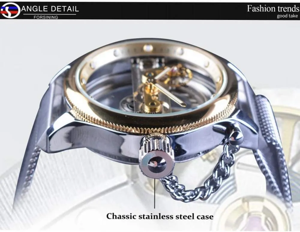 FORSINING Transparent Case Steel Mesh Band Skeleton Mens Watches Brand Luxury Automatic Fashion Mechanical Wristwatch