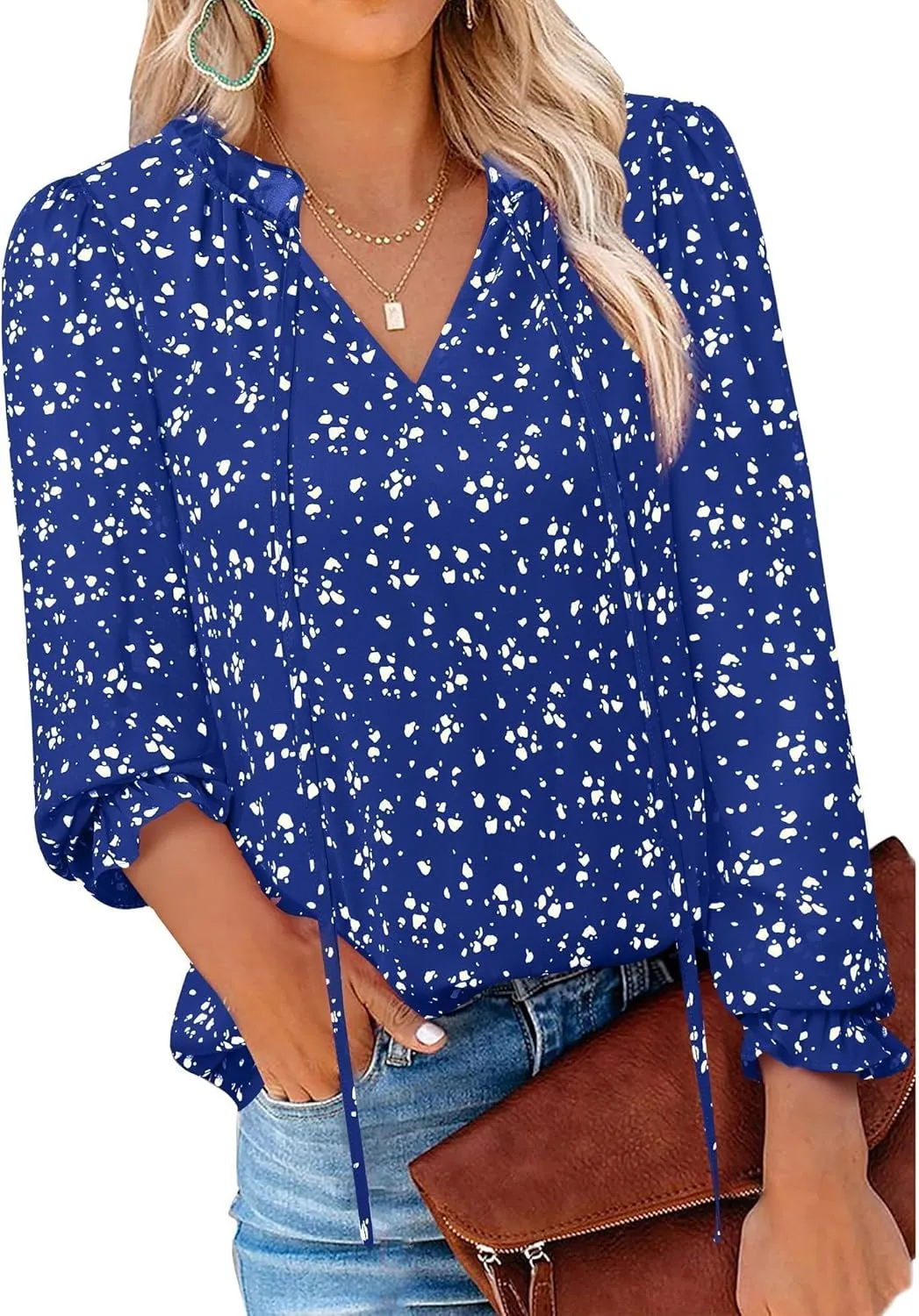 Gaharu Womens Business Casual Blouses Ruffle V Neck Work Dressy Shirts Long Sleeve Chifffon Tunic Tops