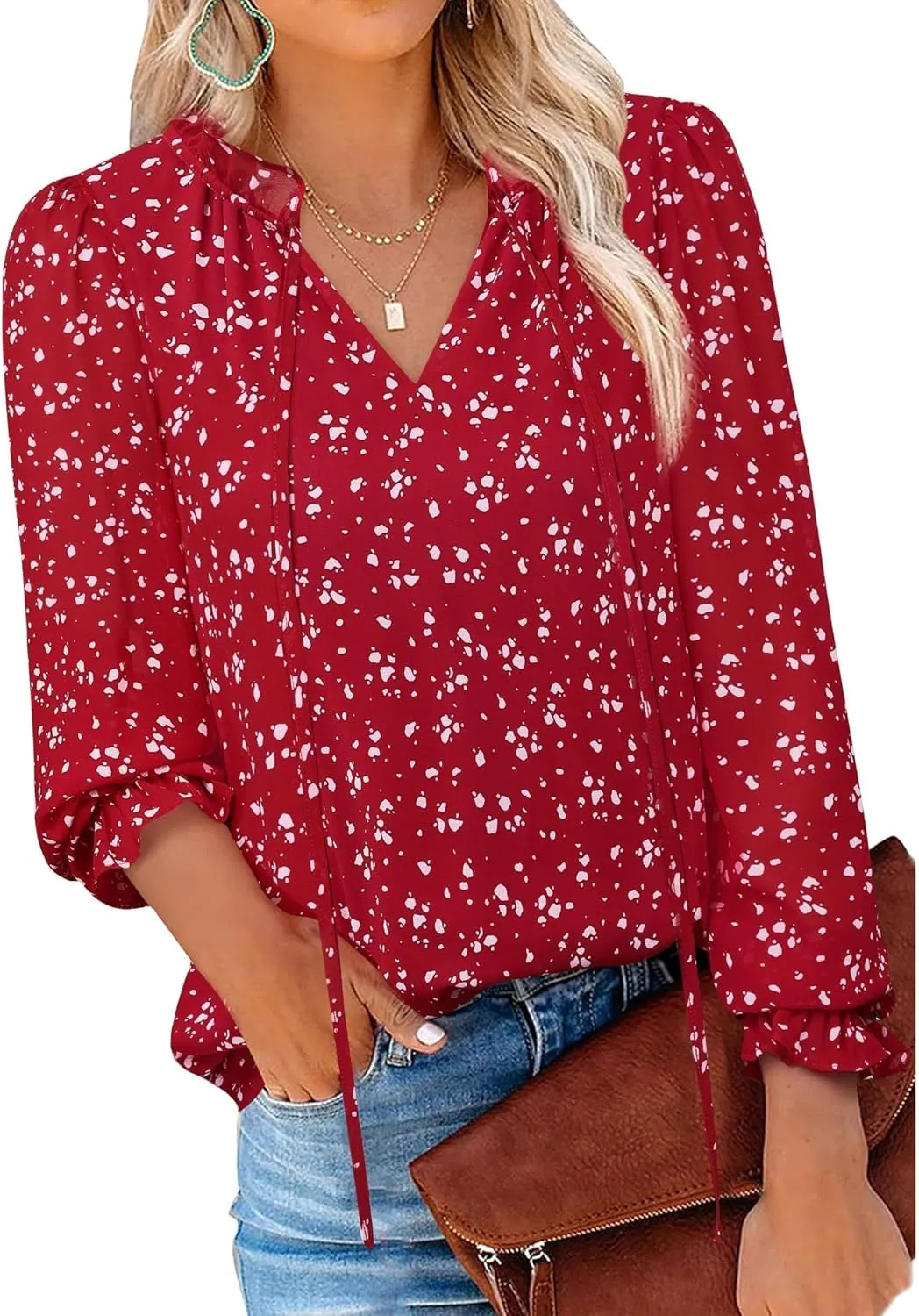 Gaharu Womens Business Casual Blouses Ruffle V Neck Work Dressy Shirts Long Sleeve Chifffon Tunic Tops