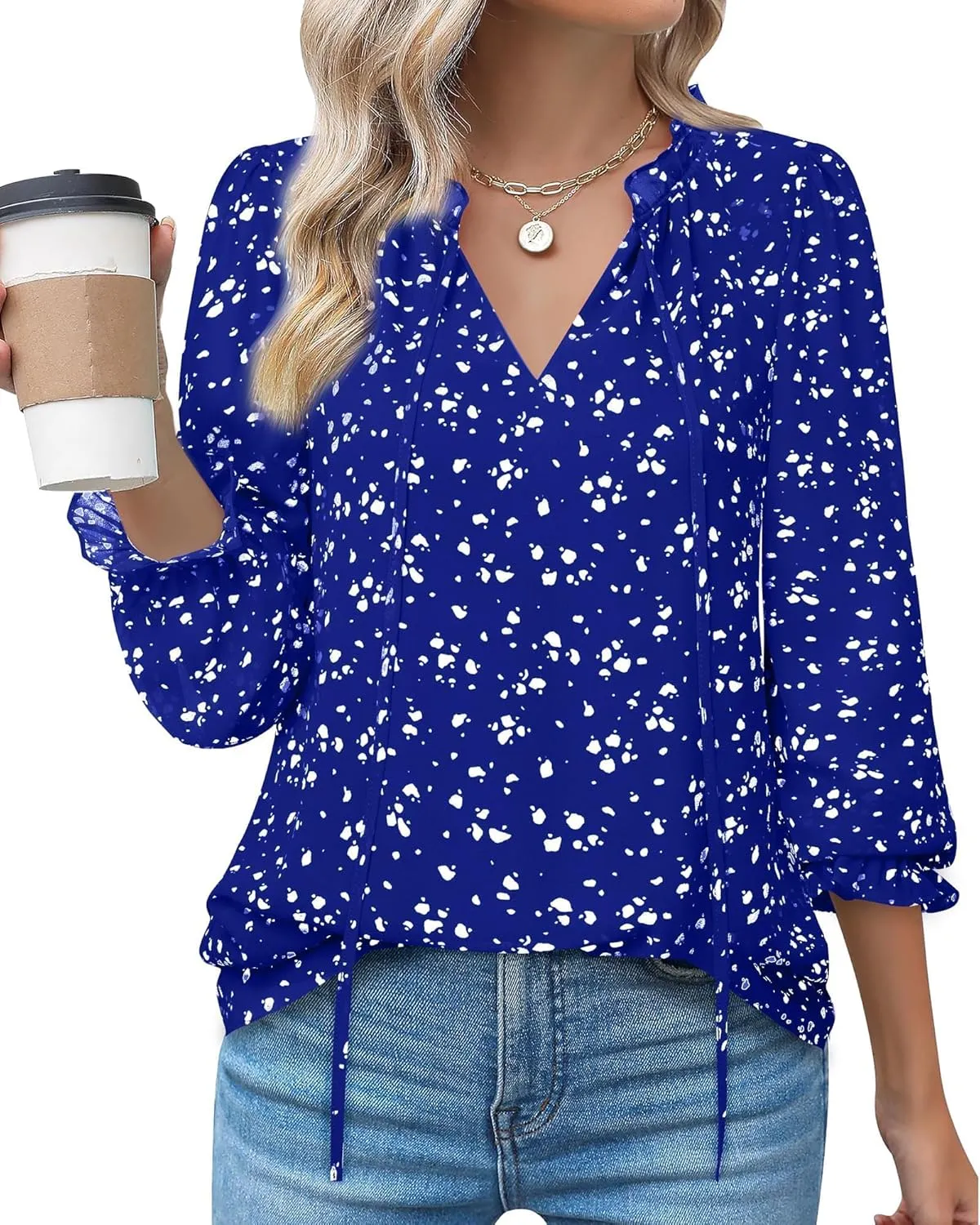 Gaharu Womens Business Casual Blouses Ruffle V Neck Work Dressy Shirts Long Sleeve Chifffon Tunic Tops