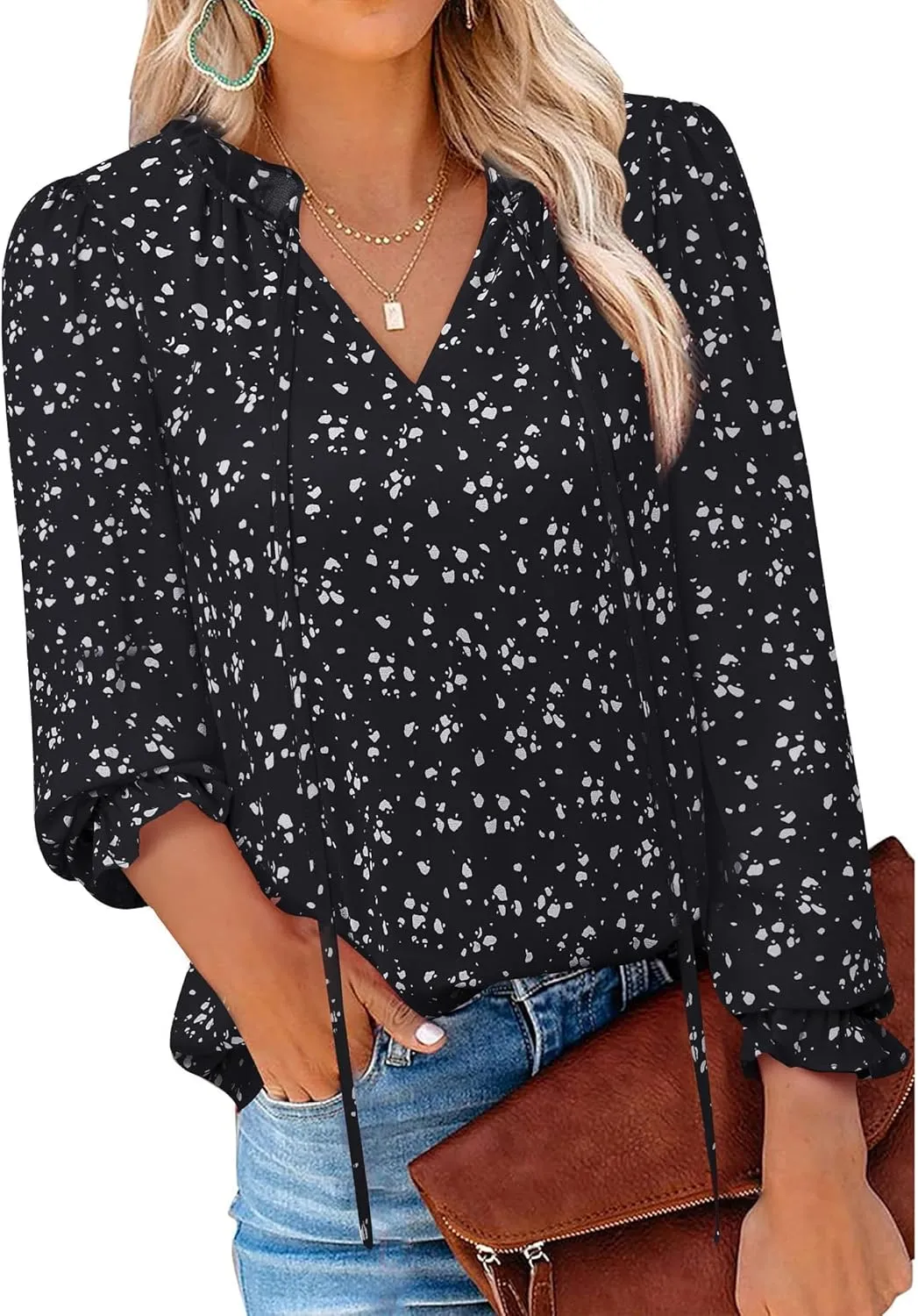Gaharu Womens Business Casual Blouses Ruffle V Neck Work Dressy Shirts Long Sleeve Chifffon Tunic Tops