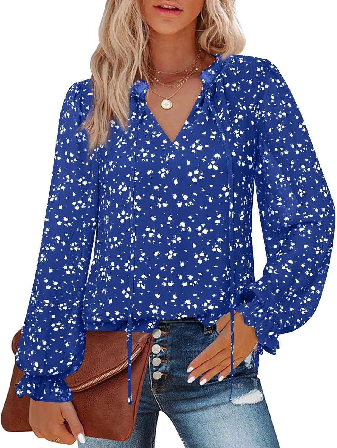 Gaharu Womens Business Casual Blouses Ruffle V Neck Work Dressy Shirts Long Sleeve Chifffon Tunic Tops