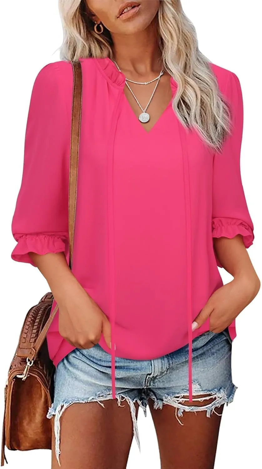 Gaharu Womens Business Casual Blouses Ruffle V Neck Work Dressy Shirts Long Sleeve Chifffon Tunic Tops