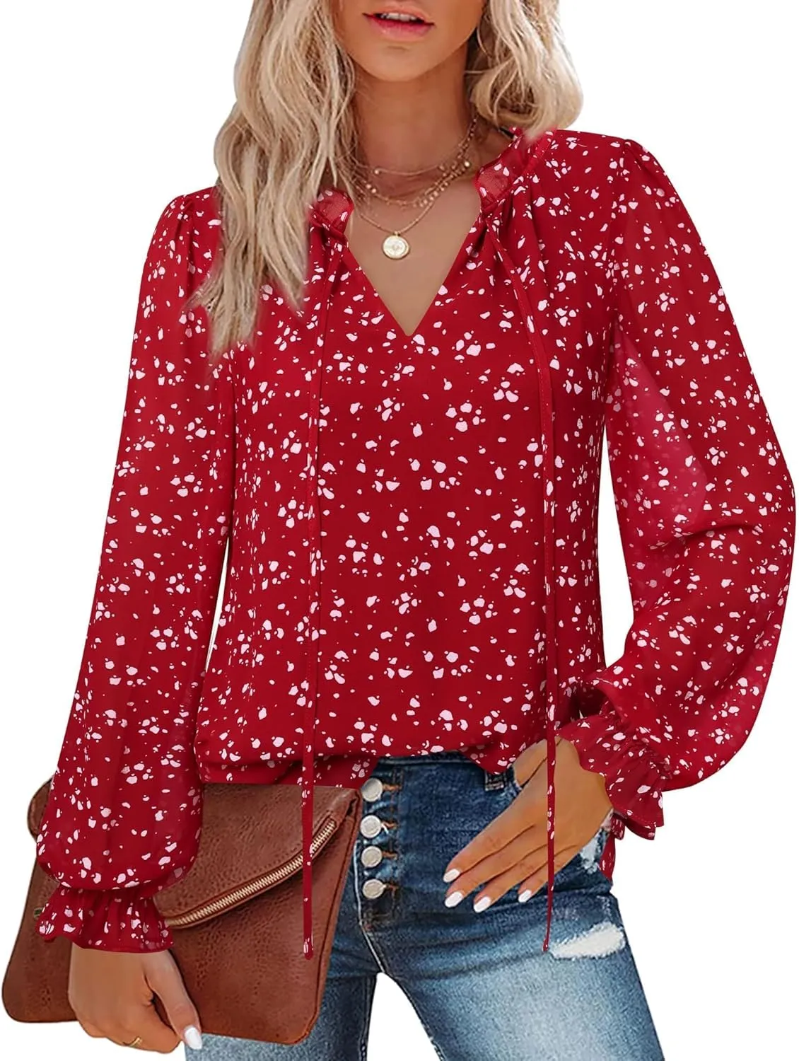 Gaharu Womens Business Casual Blouses Ruffle V Neck Work Dressy Shirts Long Sleeve Chifffon Tunic Tops
