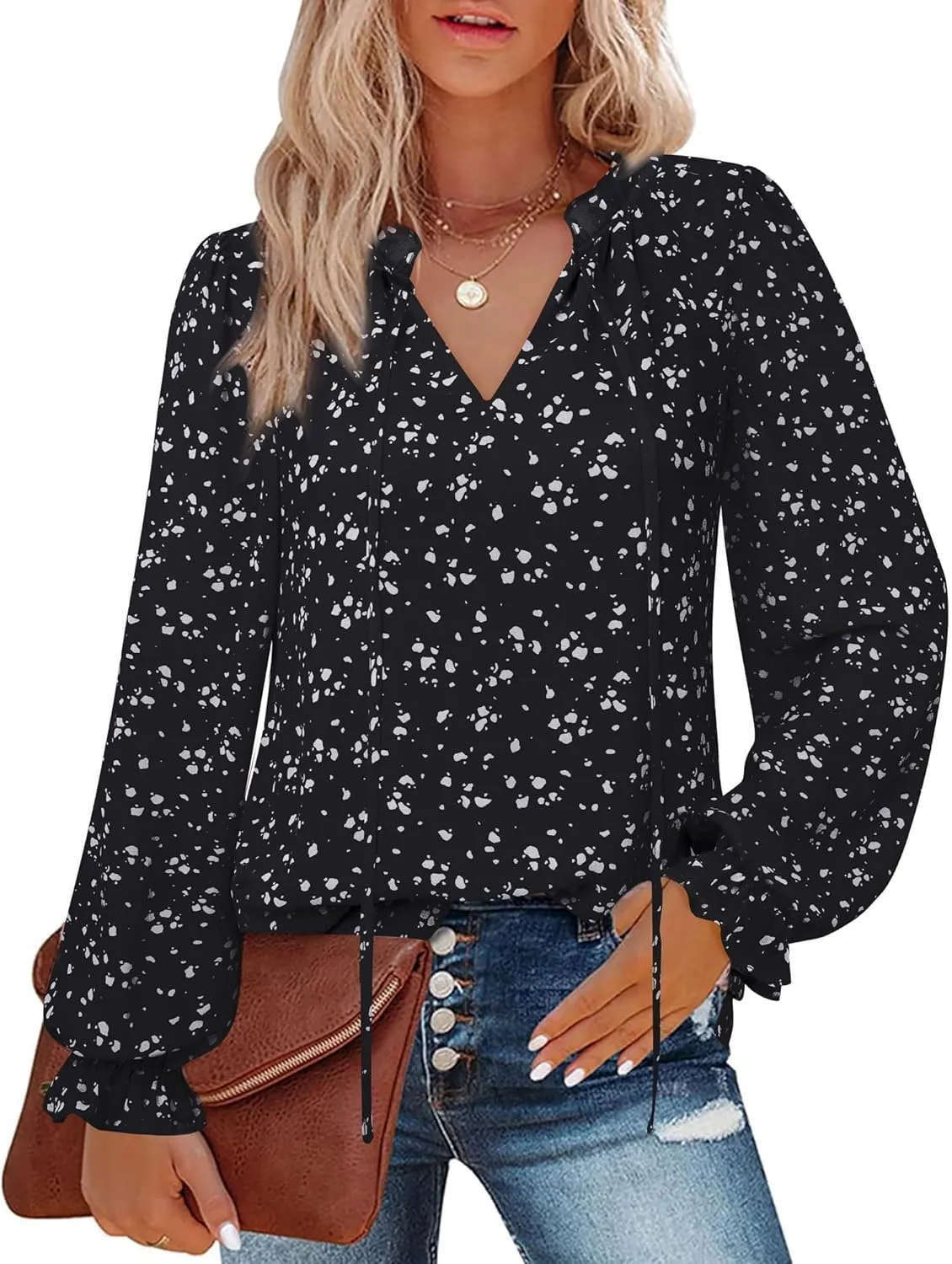 Gaharu Womens Business Casual Blouses Ruffle V Neck Work Dressy Shirts Long Sleeve Chifffon Tunic Tops