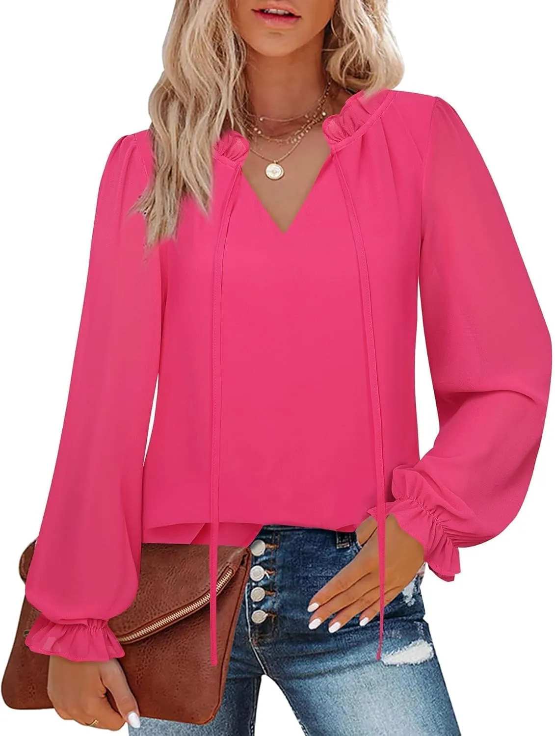 Gaharu Womens Business Casual Blouses Ruffle V Neck Work Dressy Shirts Long Sleeve Chifffon Tunic Tops