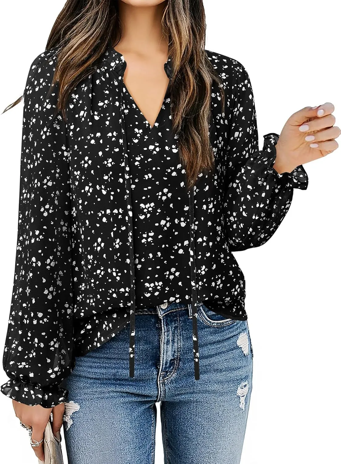 Gaharu Womens Business Casual Blouses Ruffle V Neck Work Dressy Shirts Long Sleeve Chifffon Tunic Tops