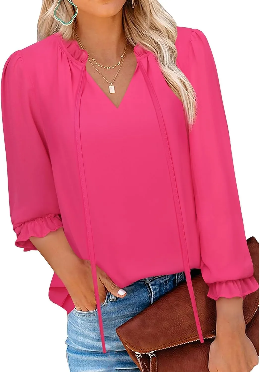 Gaharu Womens Business Casual Blouses Ruffle V Neck Work Dressy Shirts Long Sleeve Chifffon Tunic Tops