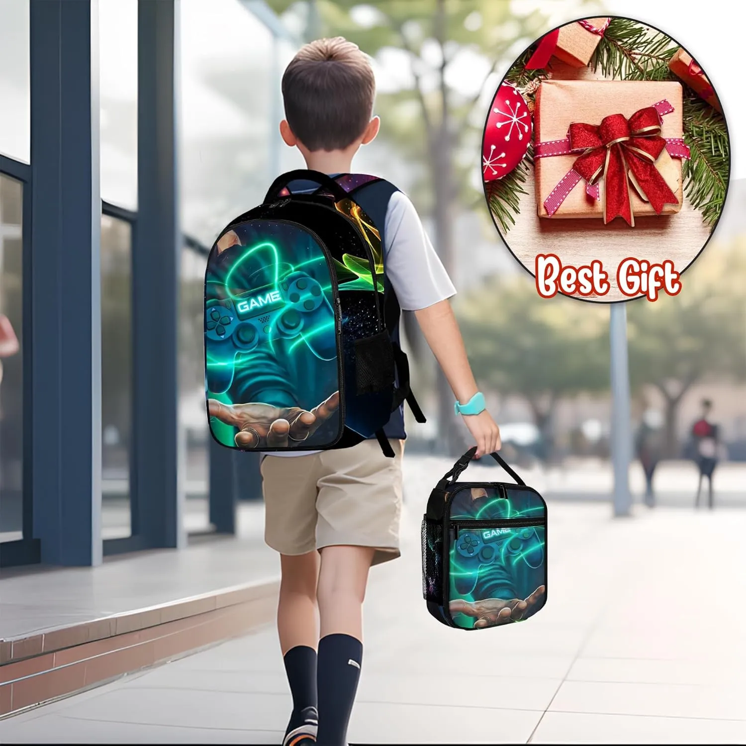 Game Backpack Set for Boys, Gaming Backpack 3 Pack, Boy Backpack Lunch Box, and Pencil Bag for Kids Teens Elementary Middle School Large Capacity Game School Bag 17" ravel Back Pack