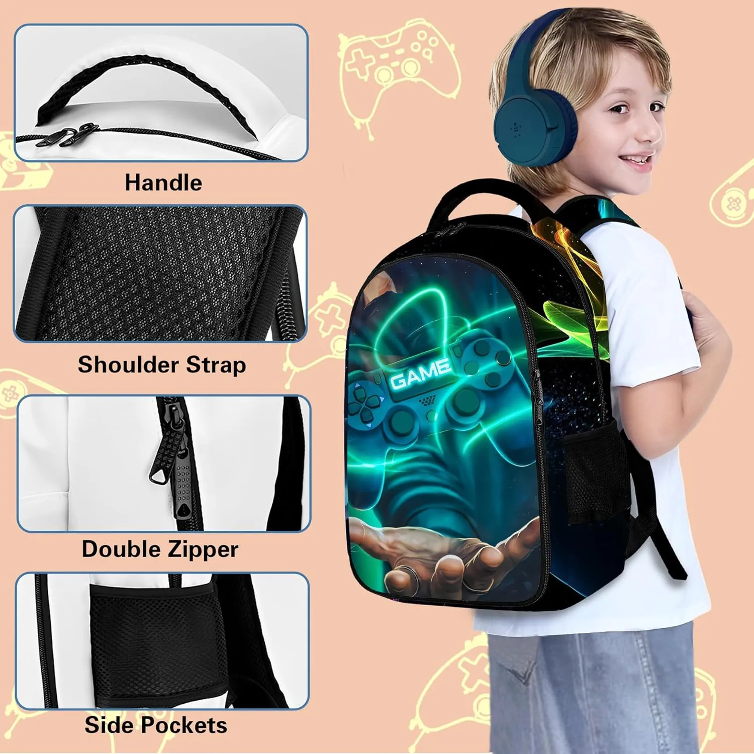 Game Backpack Set for Boys, Gaming Backpack 3 Pack, Boy Backpack Lunch Box, and Pencil Bag for Kids Teens Elementary Middle School Large Capacity Game School Bag 17" ravel Back Pack