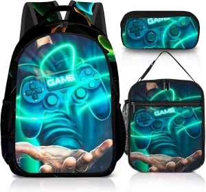 Game Backpack Set for Boys, Gaming Backpack 3 Pack, Boy Backpack Lunch Box, and Pencil Bag for Kids Teens Elementary Middle School Large Capacity Game School Bag 17" ravel Back Pack