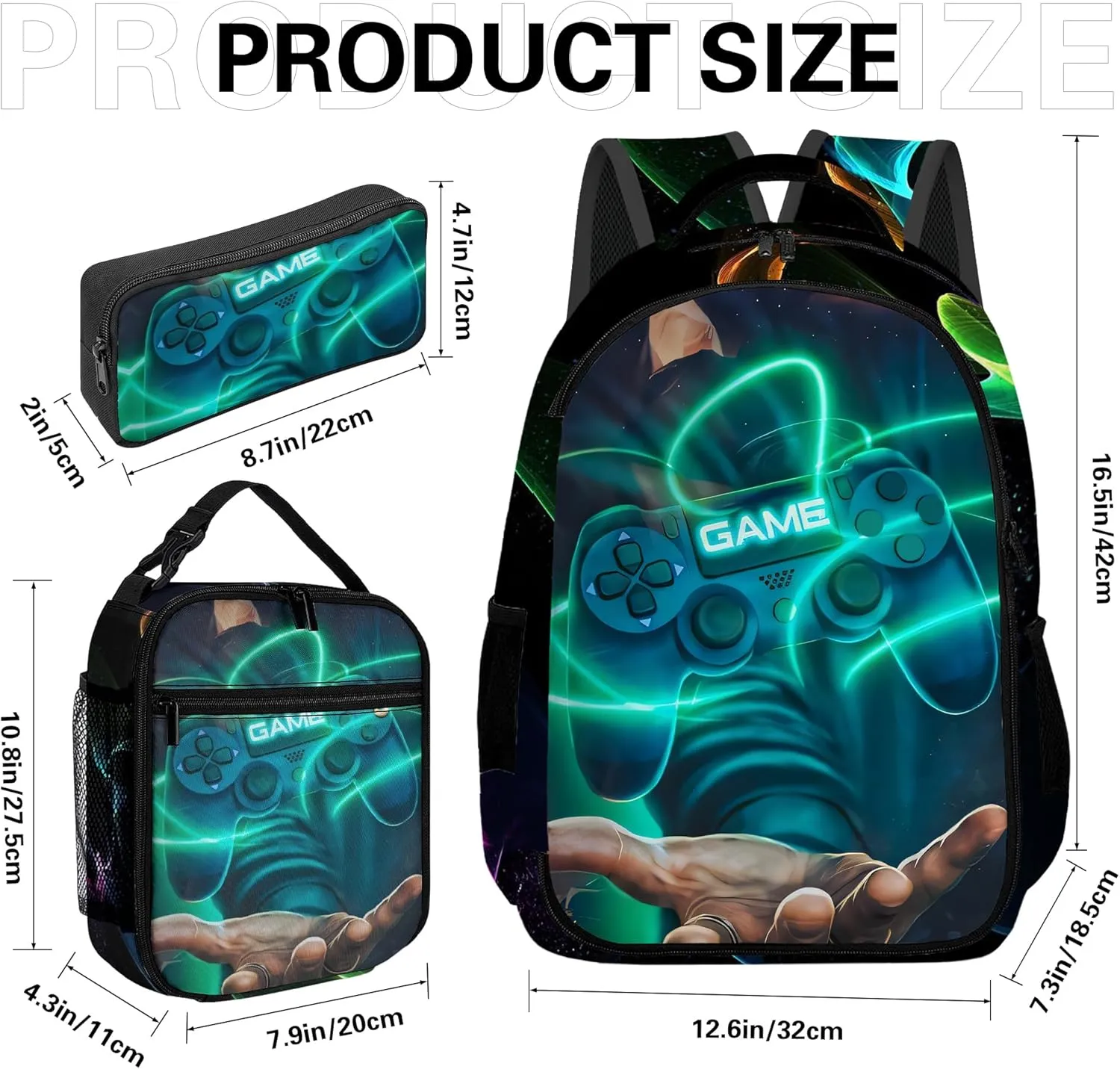 Game Backpack Set for Boys, Gaming Backpack 3 Pack, Boy Backpack Lunch Box, and Pencil Bag for Kids Teens Elementary Middle School Large Capacity Game School Bag 17" ravel Back Pack
