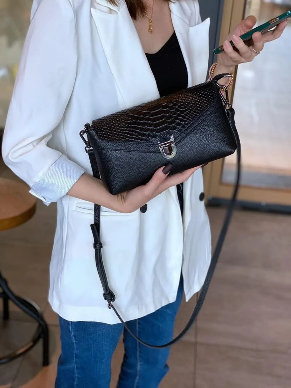 Genuine Leather Women's Unique Shoulder Bags Satchel Leather Envelope Clutch Purse With Cross-body Strap